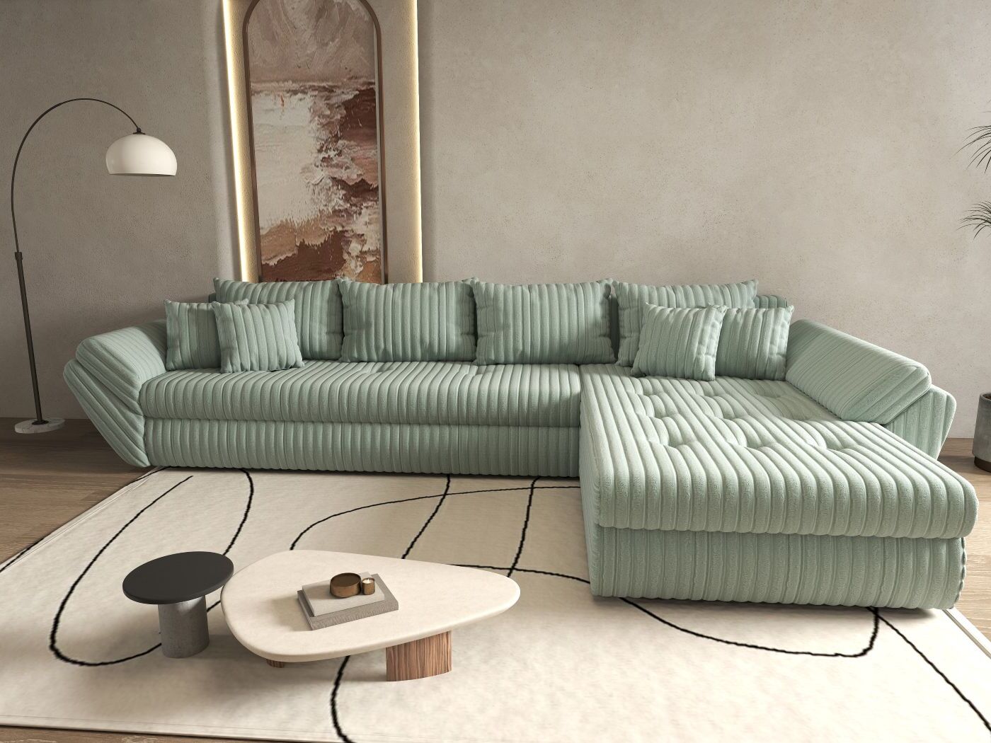 Colțar extensibil dumonde cu ladă de depozitare si sezut confortabil din spuma HR, Loana XL Ambience Mint II 335x185 cm Fabrica
