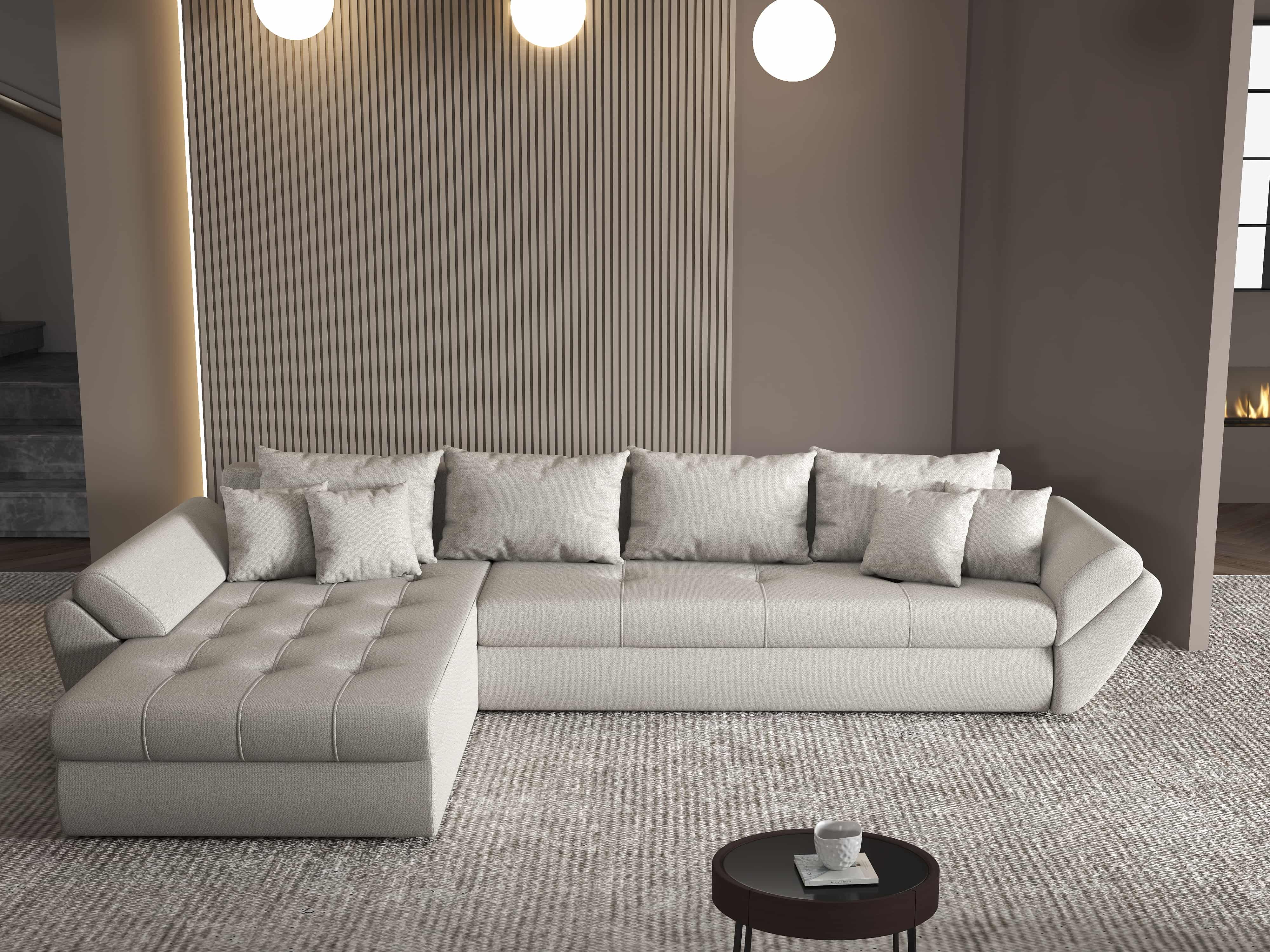 Colțar extensibil dumonde cu ladă de depozitare si sezut confortabil din spuma HR, Loana XL Enjoy Beige 335x185 cm Fabrica