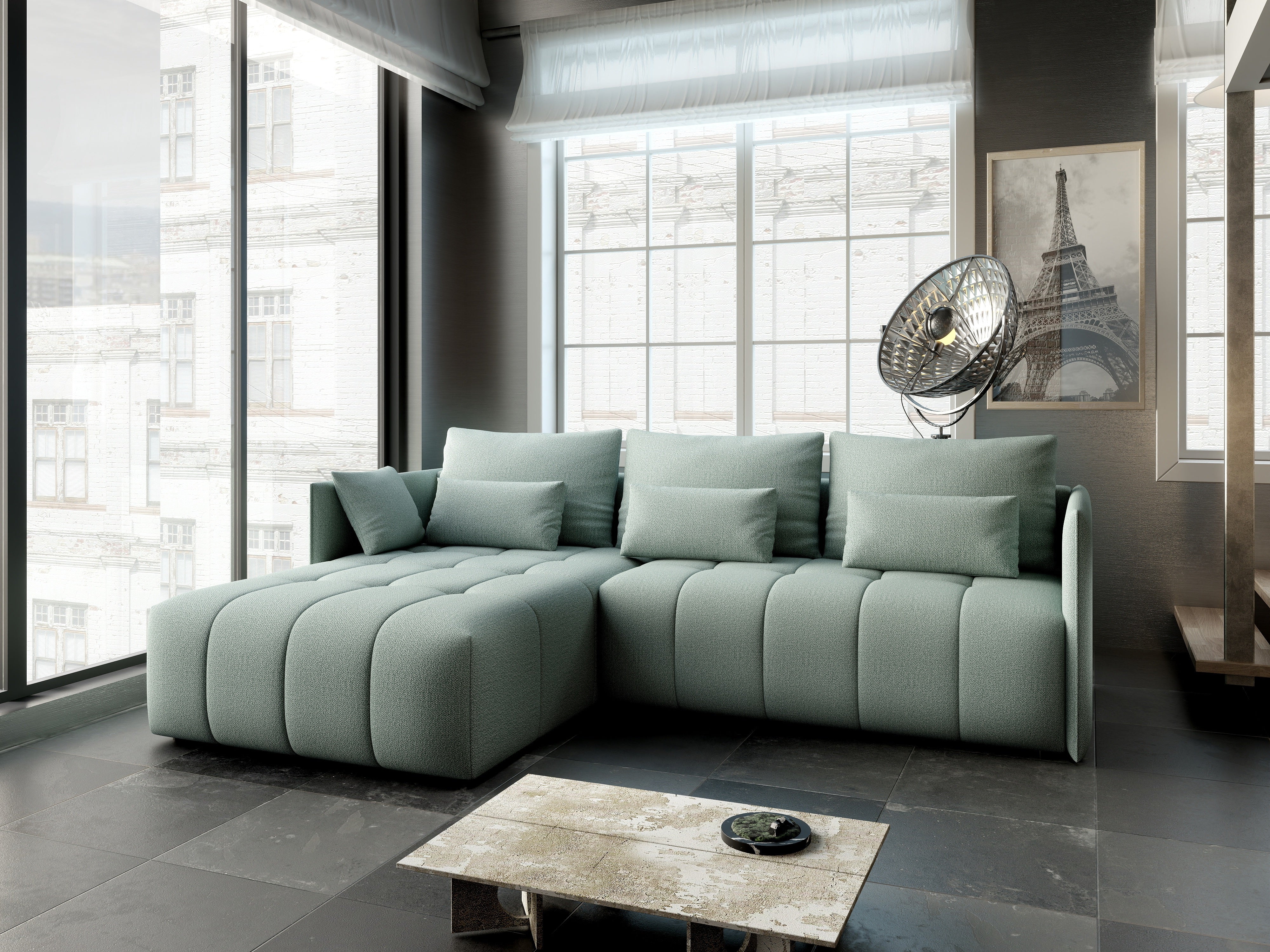 Colțar extensibil dumonde cu ladă de depozitare si sezut confortabil din spuma HR, Malta Enjoy Mint 235x185 cm Fabrica