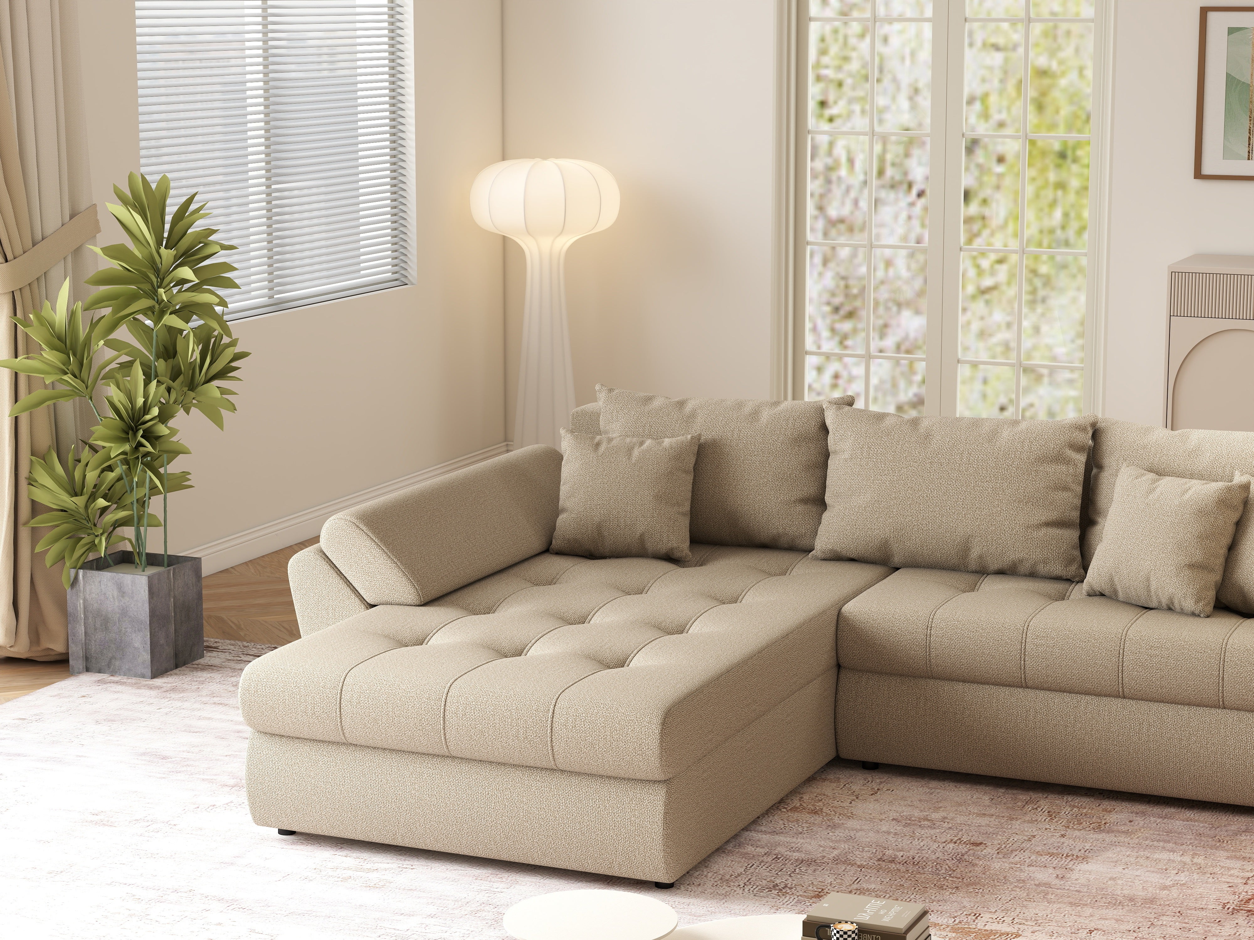 Colțar extensibil dumonde cu ladă de depozitare si sezut confortabil din spuma HR, Loana Enjoy Camel 270x185 cm Fabrica