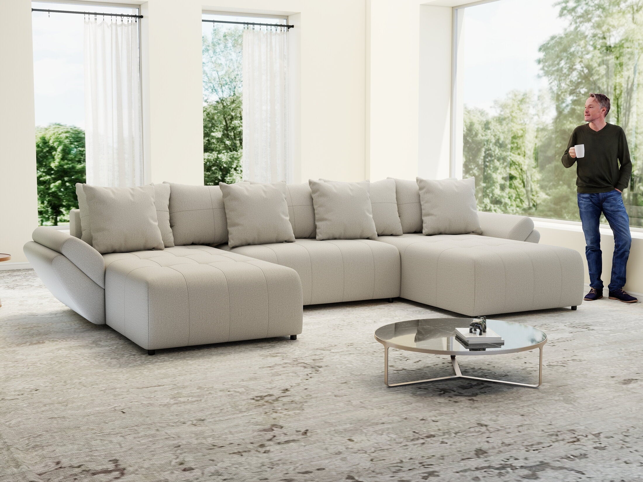 Colțar extensibil dumonde cu ladă de depozitare si sezut confortabil din spuma high-density, Berlin U Enjoy Bej 400x185 cm