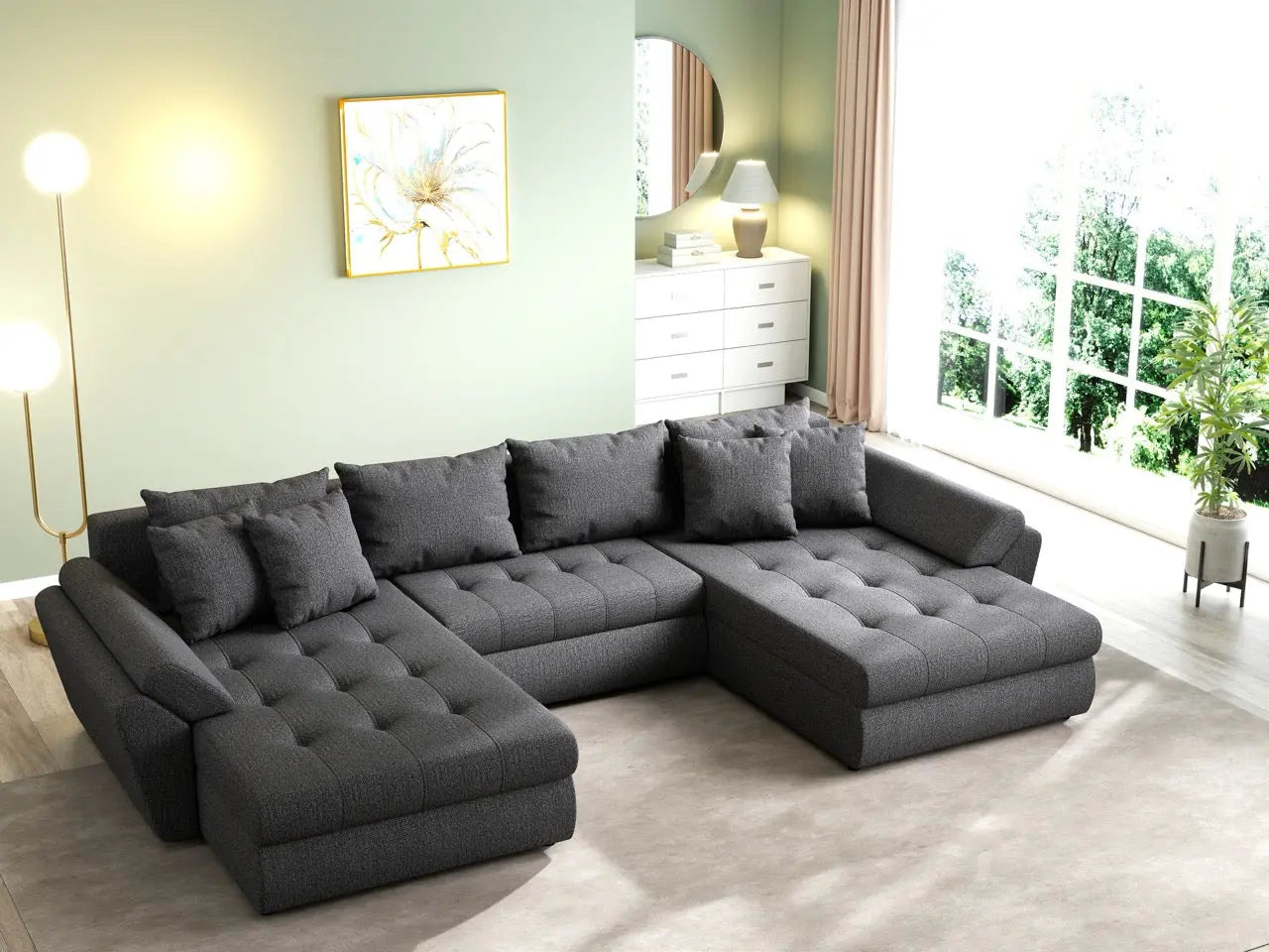 Colțar extensibil dumonde cu ladă de depozitare si sezut confortabil din spuma HR, Loana U Enjoy Grafit 355x185 cm Fabrica