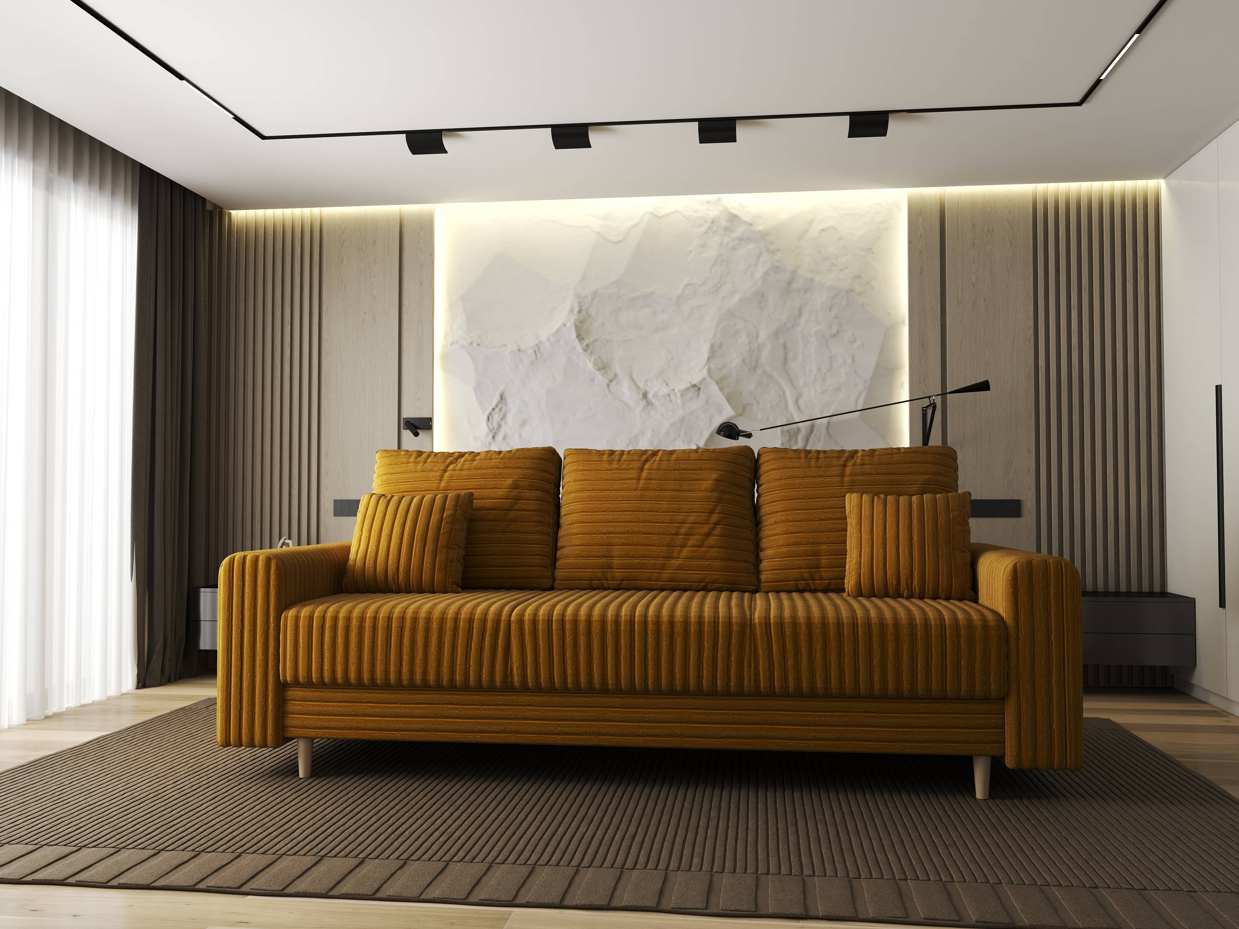 Canapea extensibilă dumonde cu ladă de depozitare si sezut confortabil din spuma HR, Kronos Ambience Mustar 210x100 cm fabrica