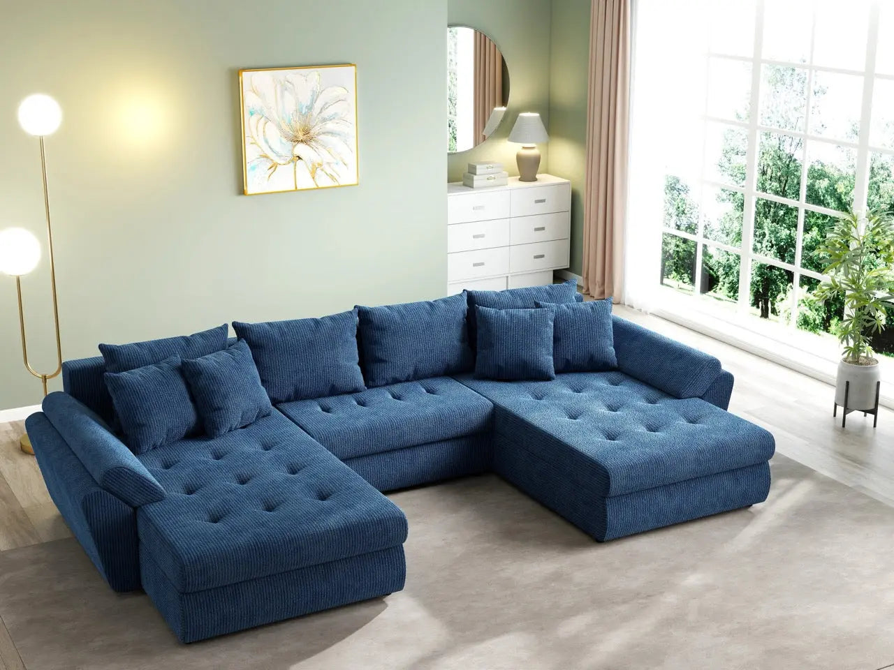Colțar extensibil dumonde cu ladă de depozitare si sezut confortabil din spuma HR, Loana U Zoom Blue 355x185 cm Fabrica