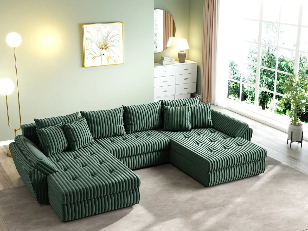 Colțar extensibil dumonde cu ladă de depozitare si sezut confortabil din spuma HR, Loana U Ambience Green 355x185 cm Fabrica