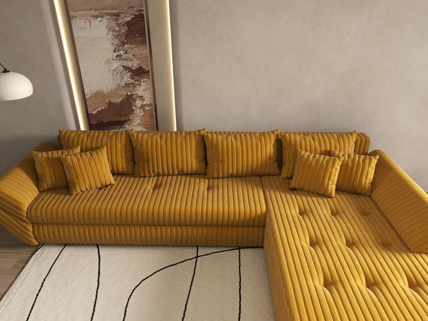 Colțar extensibil dumonde cu ladă de depozitare si sezut confortabil din spuma HR, Loana XL Ambience Mustar II 335x185 cm Fabrica