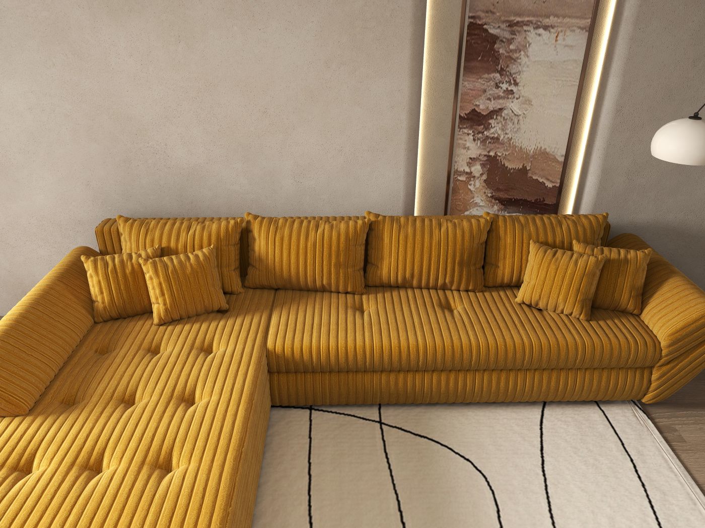 Colțar extensibil dumonde cu ladă de depozitare si sezut confortabil din spuma HR, Loana XL Ambience Mustar 335x185 cm Fabrica