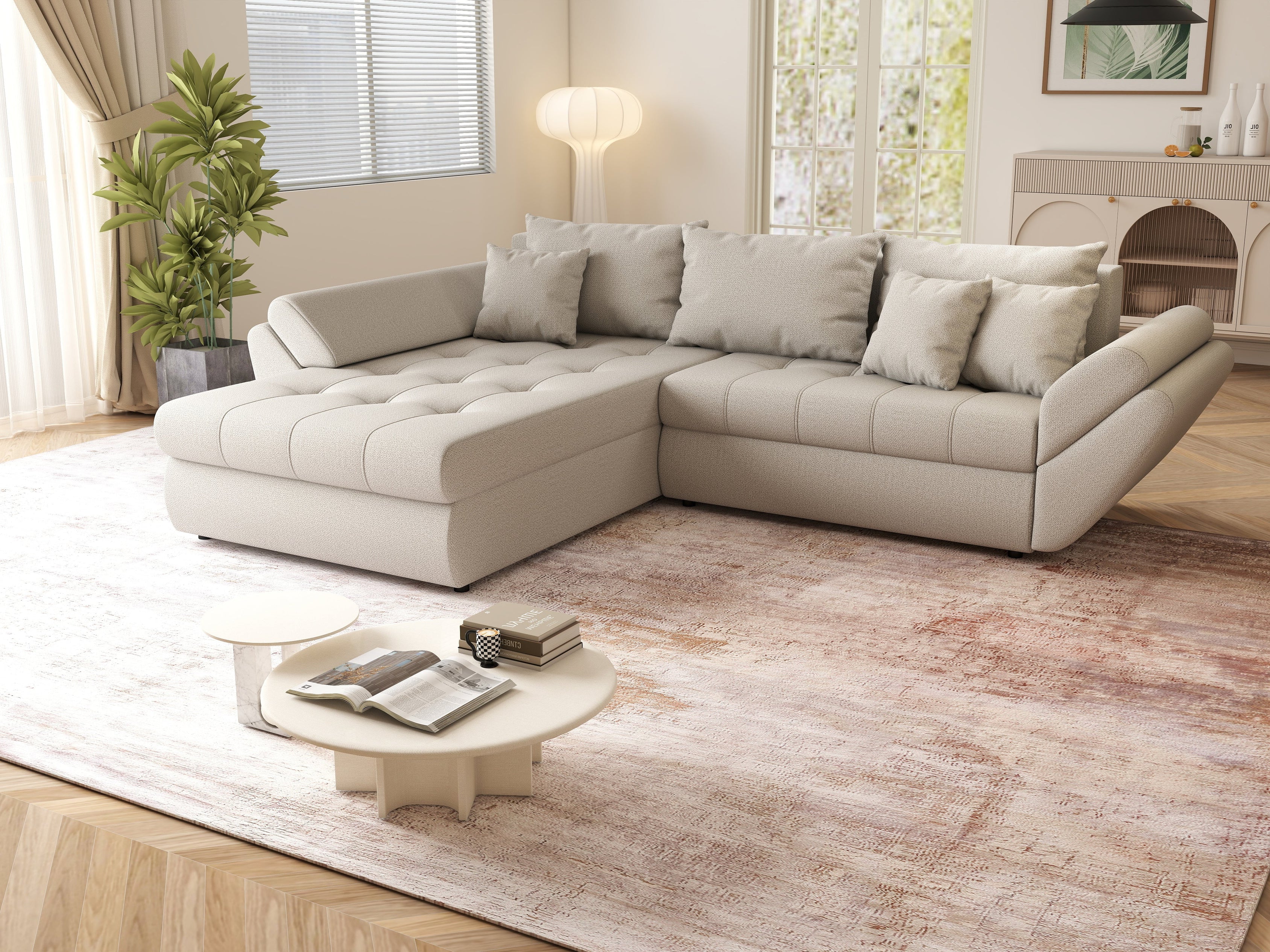 Colțar extensibil dumonde cu ladă de depozitare si sezut confortabil din spuma HR, Loana Enjoy Bej 270x185 cm Fabrica