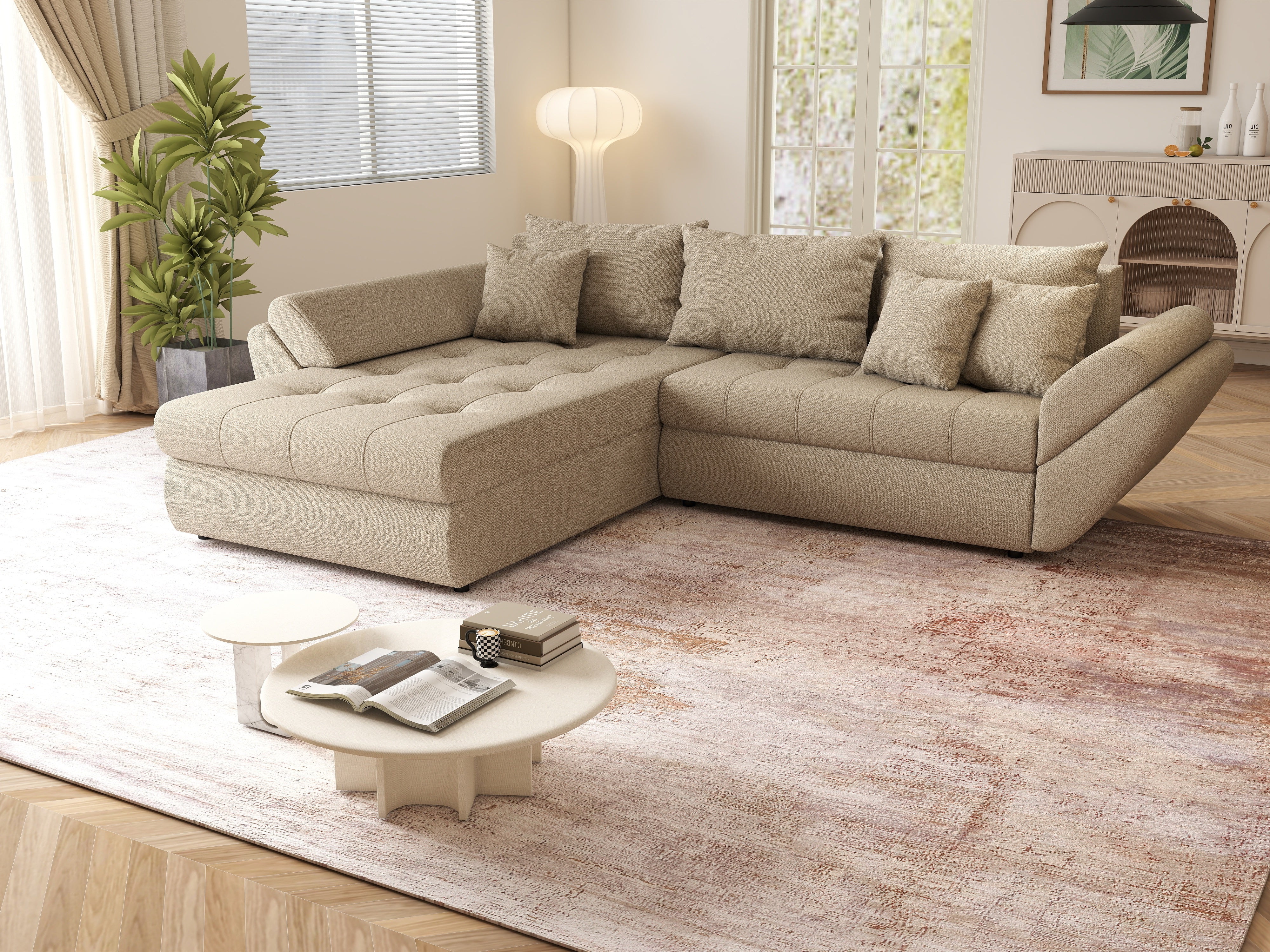 Colțar extensibil dumonde cu ladă de depozitare si sezut confortabil din spuma HR, Loana Enjoy Camel 270x185 cm Fabrica