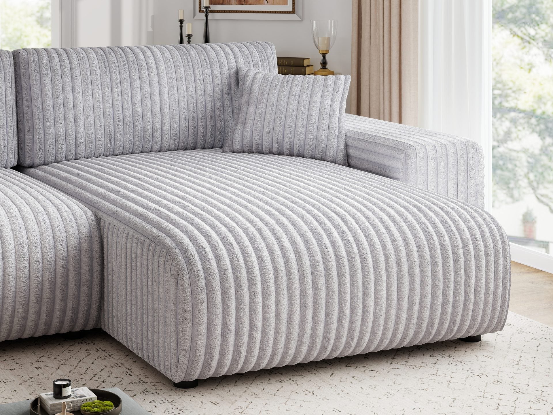 Dumonde kihúzható sarokkanapé tárolórekesszel és kényelmes, nagy sűrűségű habszivacs ülőfelülettel, Justin Tilia gri 294x144 cm