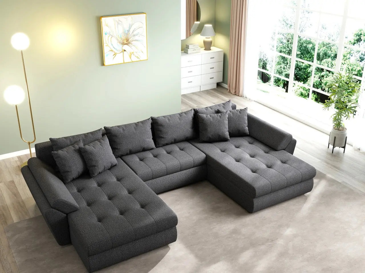 Colțar extensibil dumonde cu ladă de depozitare si sezut confortabil din spuma HR, Loana U Enjoy Grafit 355x185 cm Fabrica