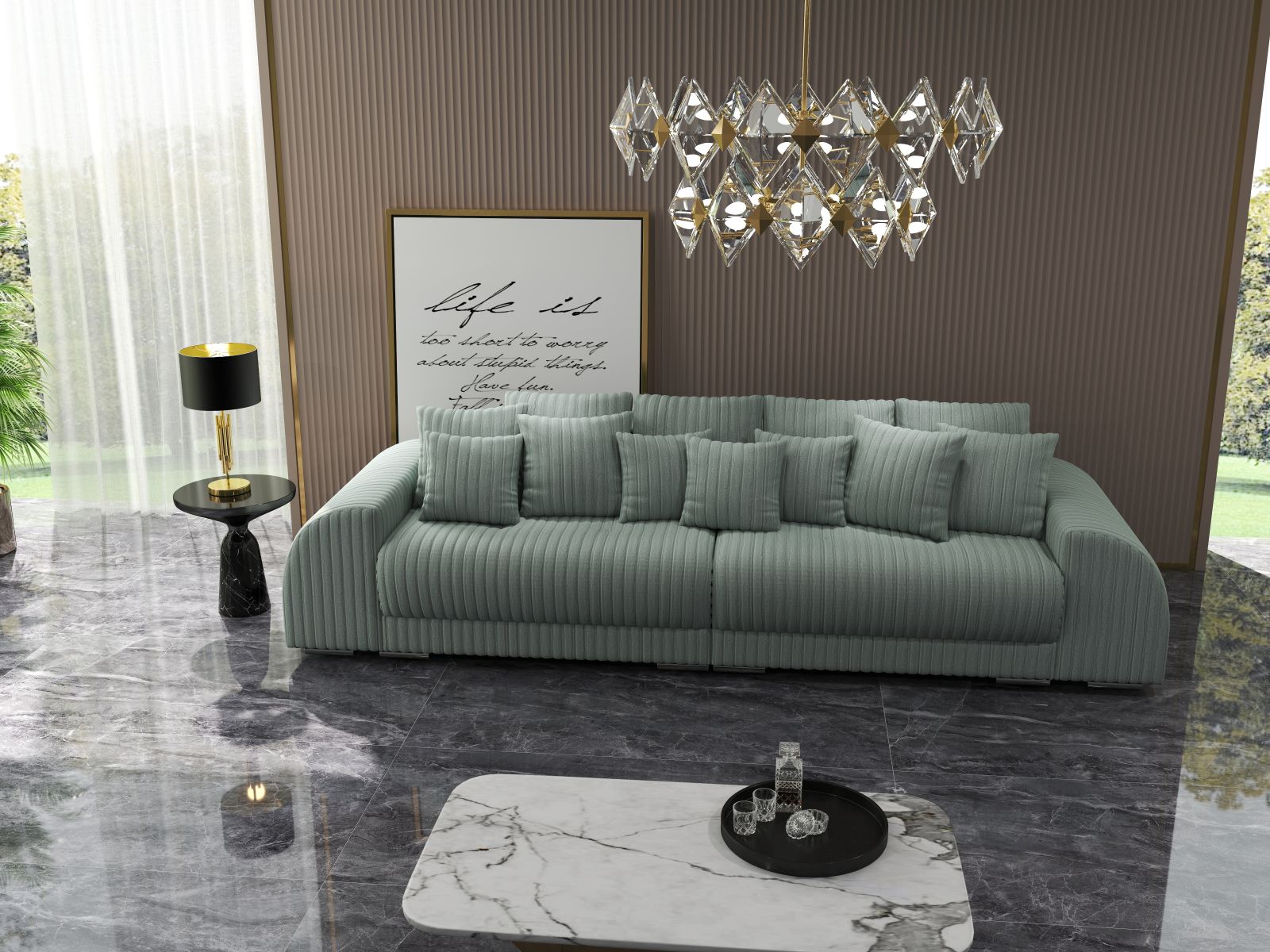 Canapea extensibilă dumonde cu 2 lăzi de depozitare si sezut confortabil din spuma HR, Verona Ambience Mint 310x100 cm Fabrica