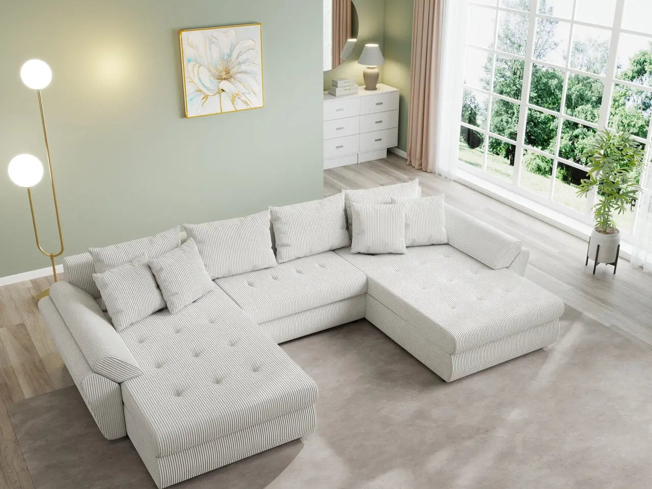 Colțar extensibil dumonde cu ladă de depozitare si sezut confortabil din spuma HR, Loana U Zoom Cream 355x185 cm Fabrica