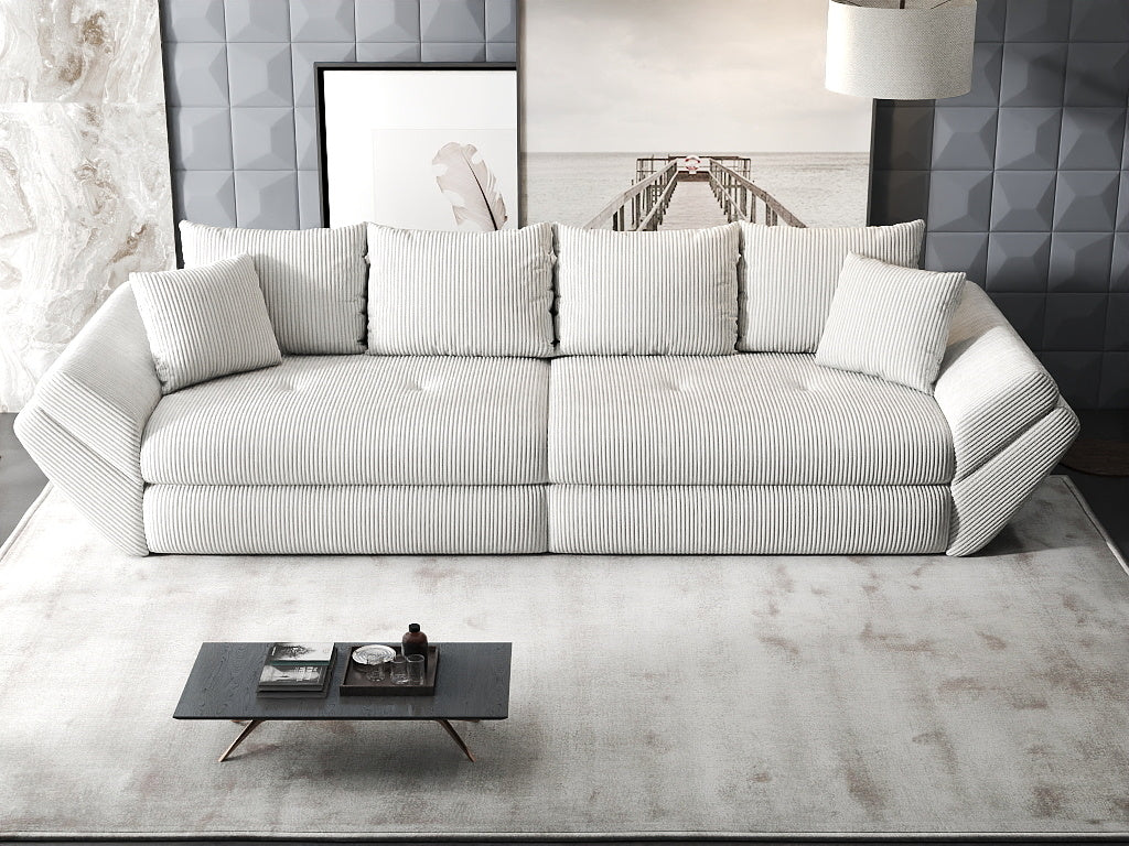 Canapea extensibilă dumonde cu ladă de depozitare si sezut confortabil din spuma HR, Loana Zoom Cream 300x100 cm Fabrica