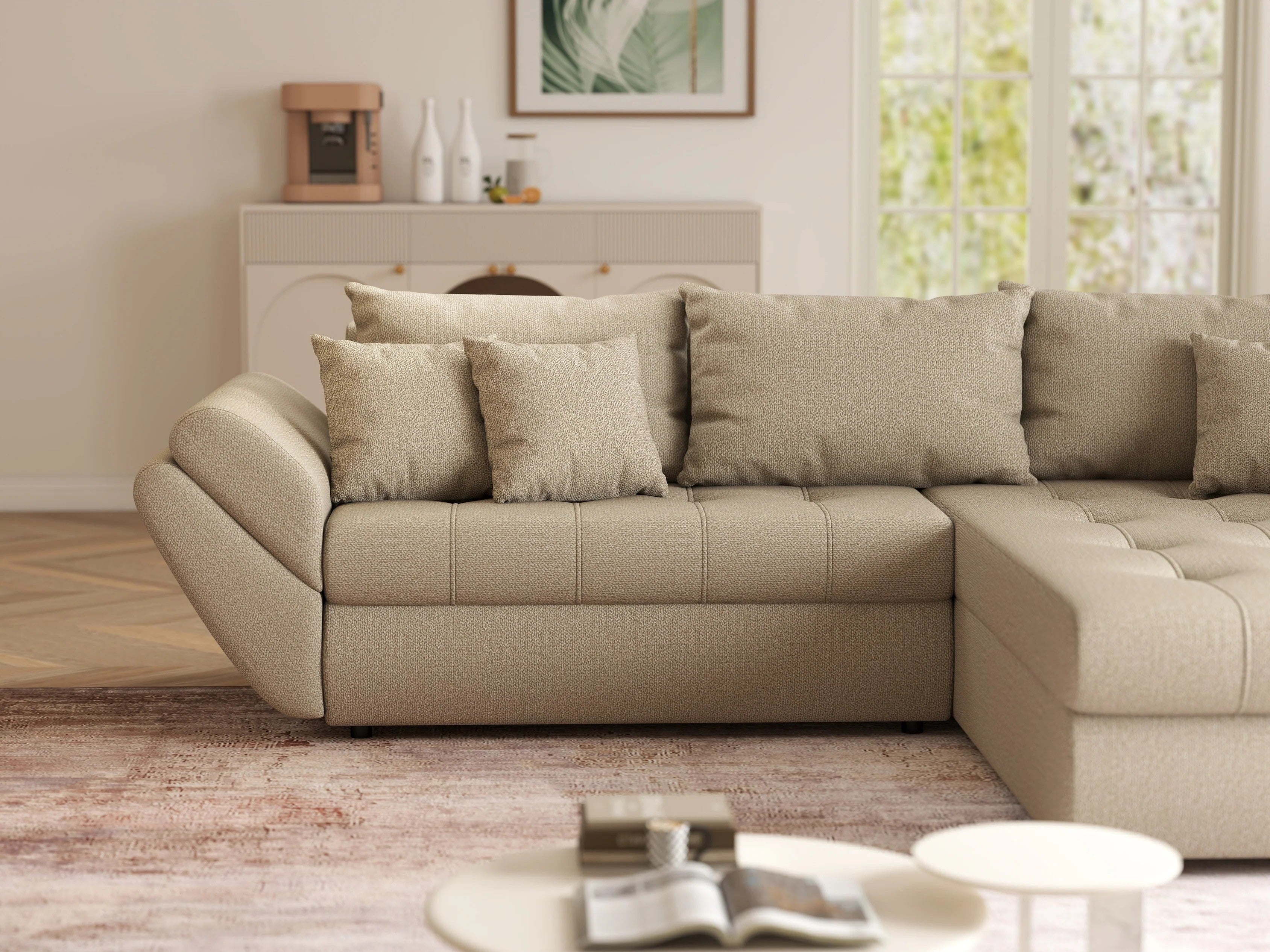 Colțar extensibil dumonde cu ladă de depozitare si sezut confortabil din spuma HR, Loana Enjoy Camel II 270x185 cm Fabrica