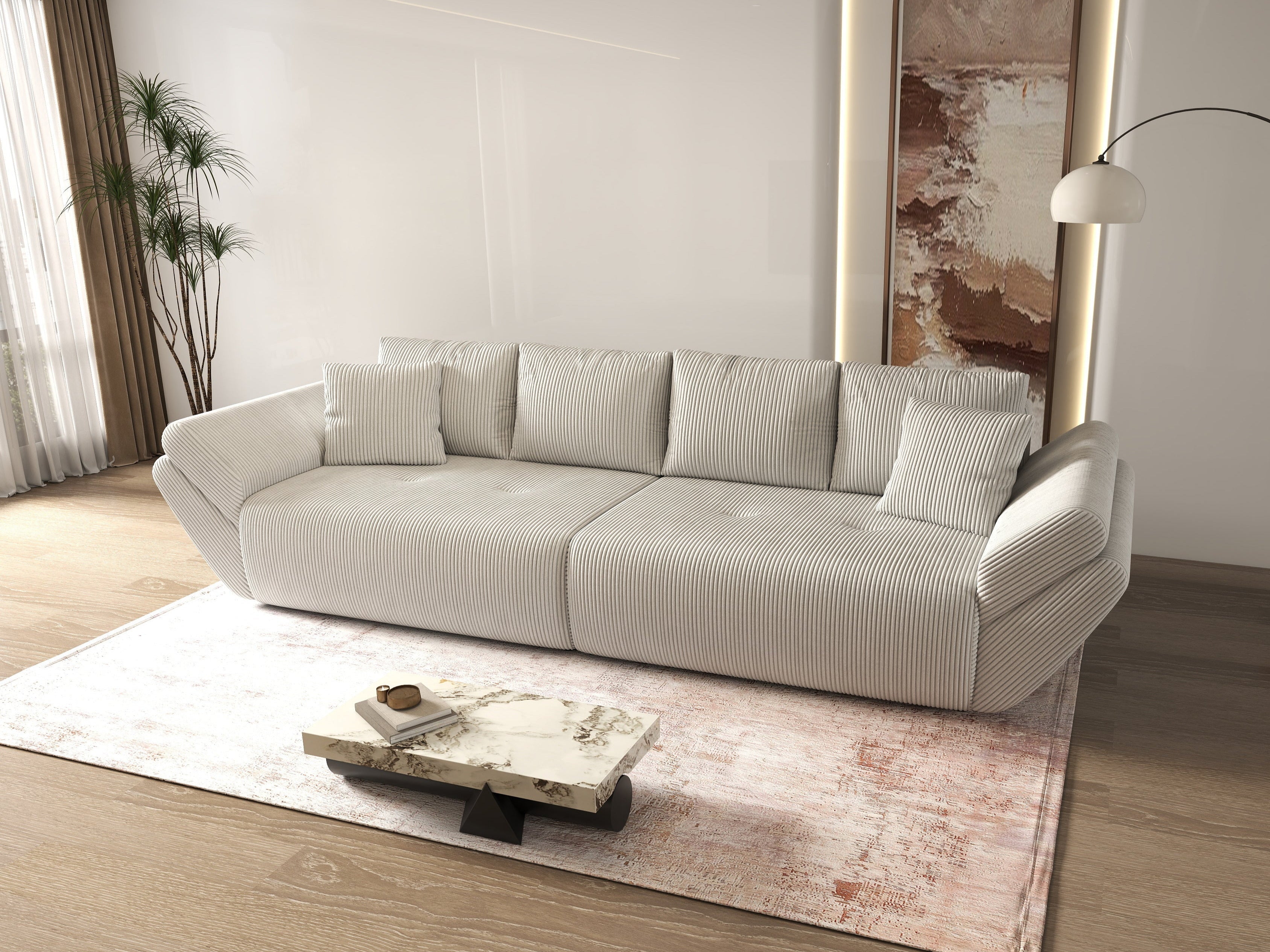 Canapea extensibilă dumonde cu ladă de depozitare si sezut confortabil din spuma HR, Berlin Zoom Cream 300x100 cm Fabrica