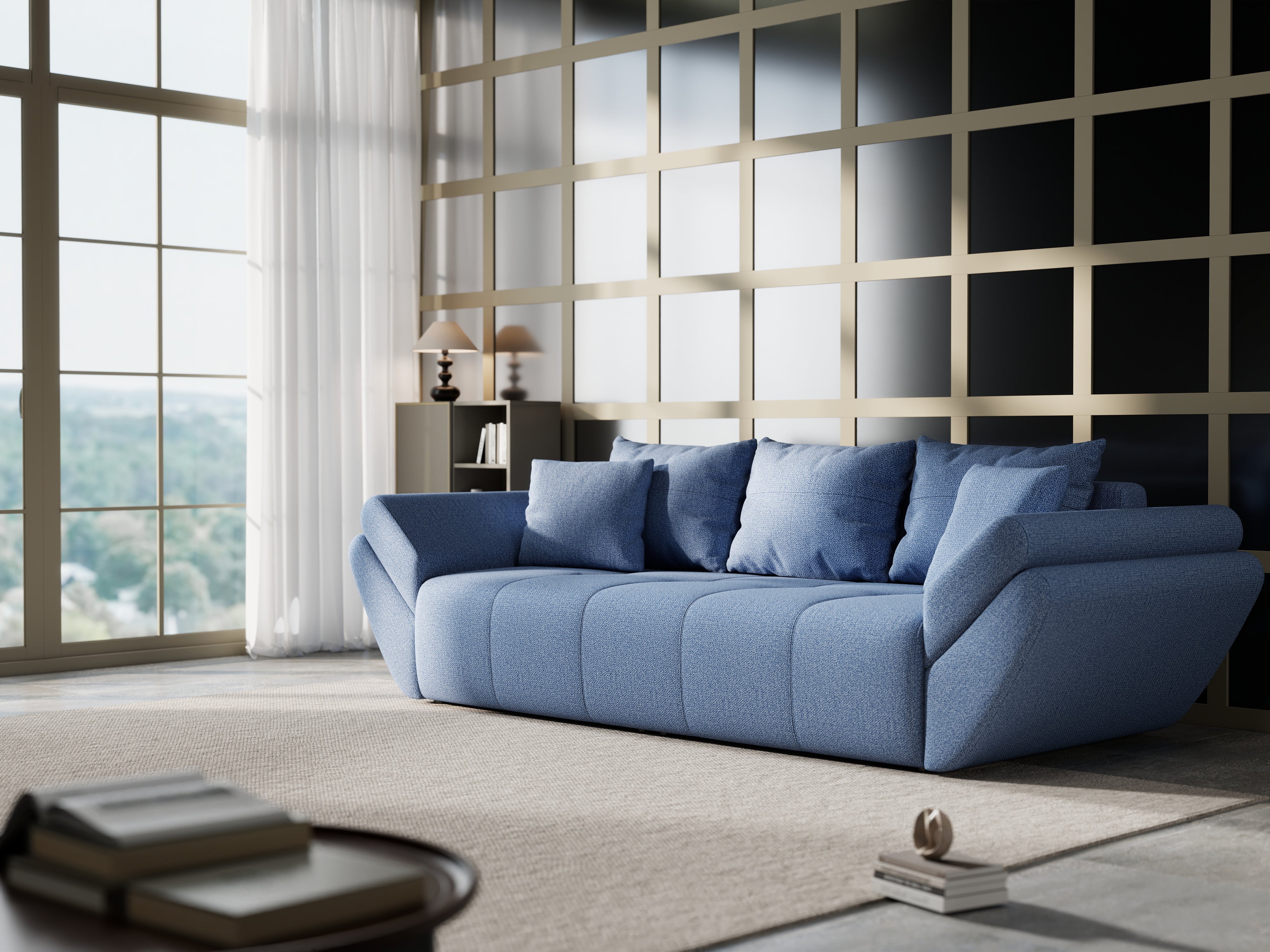 Canapea extensibilă dumonde cu ladă de depozitare si sezut confortabil din spuma HR, Berlin Enjoy Blue 250x100 cm Fabrica