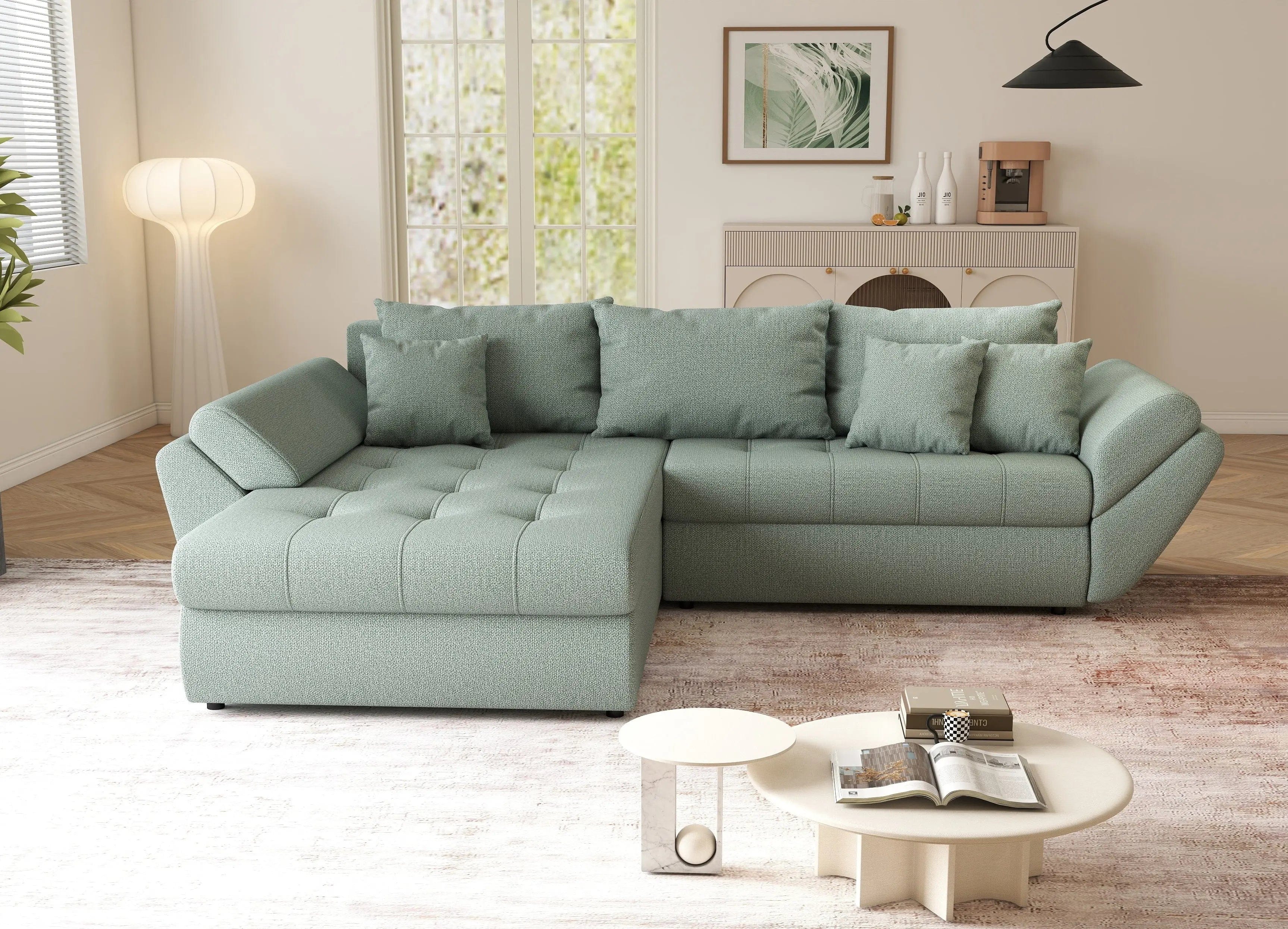 Colțar extensibil dumonde cu ladă de depozitare si sezut confortabil din spuma HR, Loana Mint 270x185 cm Fabrica