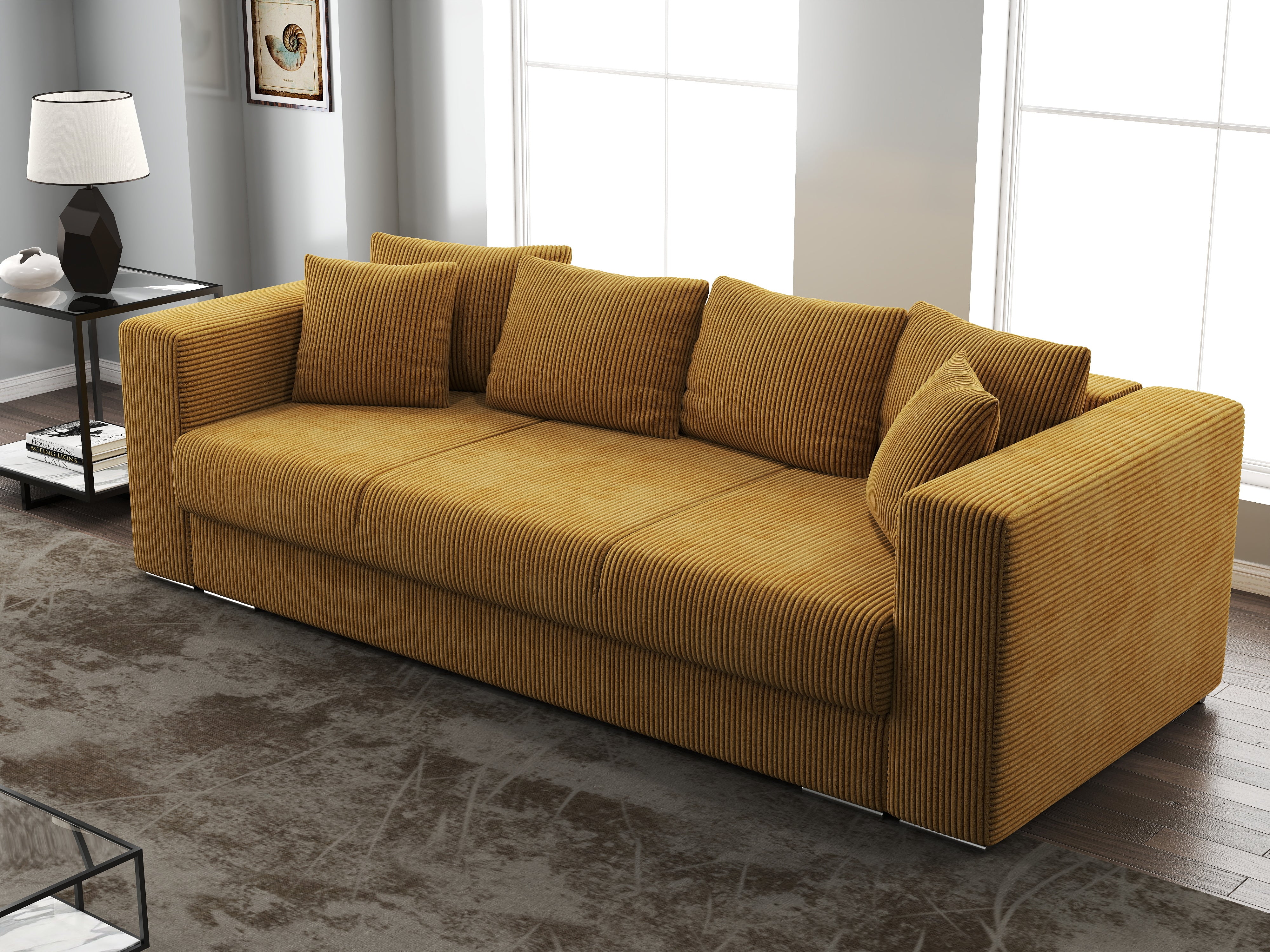 Canapea extensibilă dumonde cu ladă de depozitare si sezut confortabil din spuma HR, Gloria Zoom Mustar 240x100 cm Fabrica