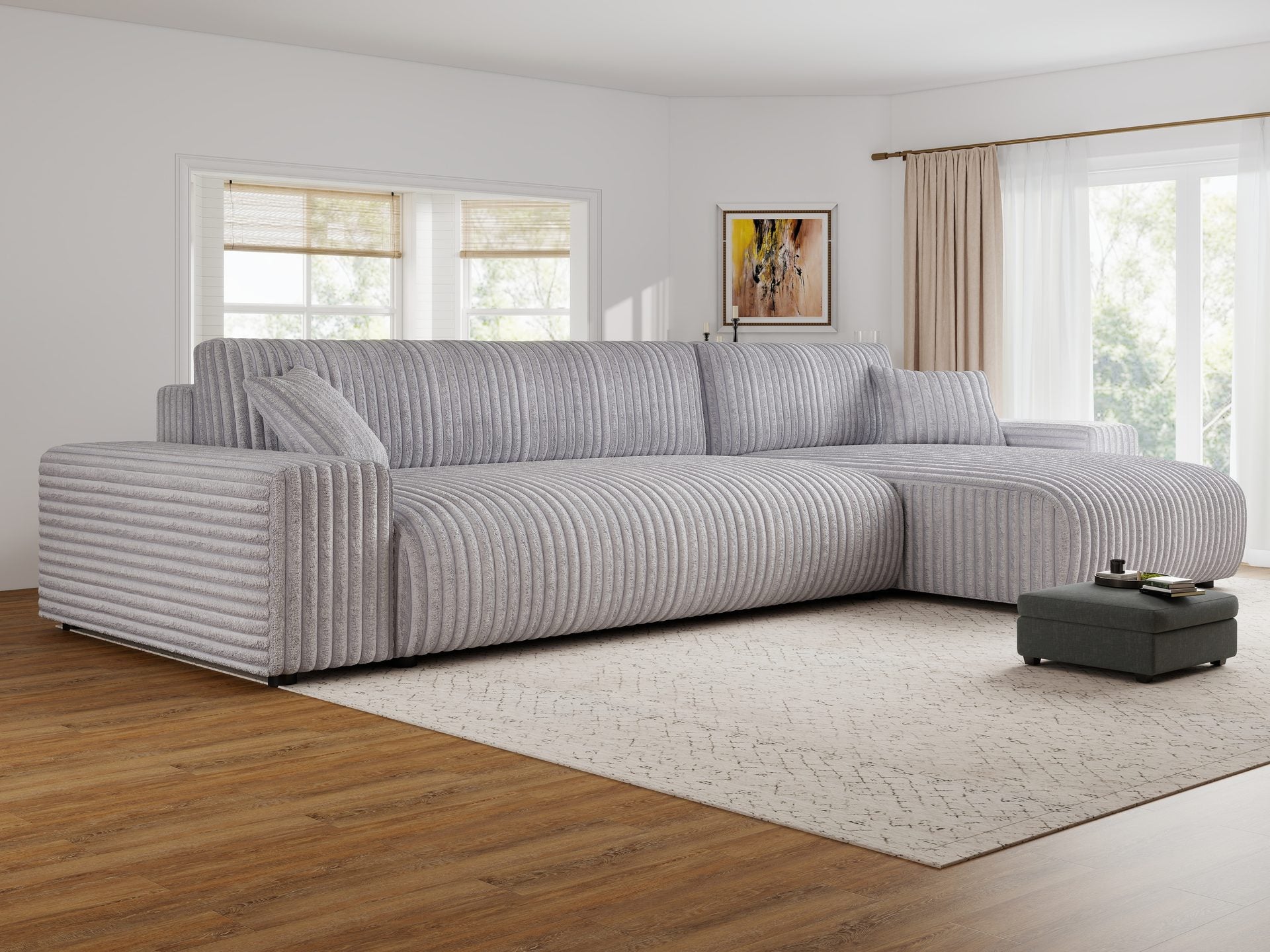 Dumonde kihúzható sarokkanapé tárolórekesszel és kényelmes, nagy sűrűségű habszivacs ülőfelülettel, Justin Tilia gri 294x144 cm