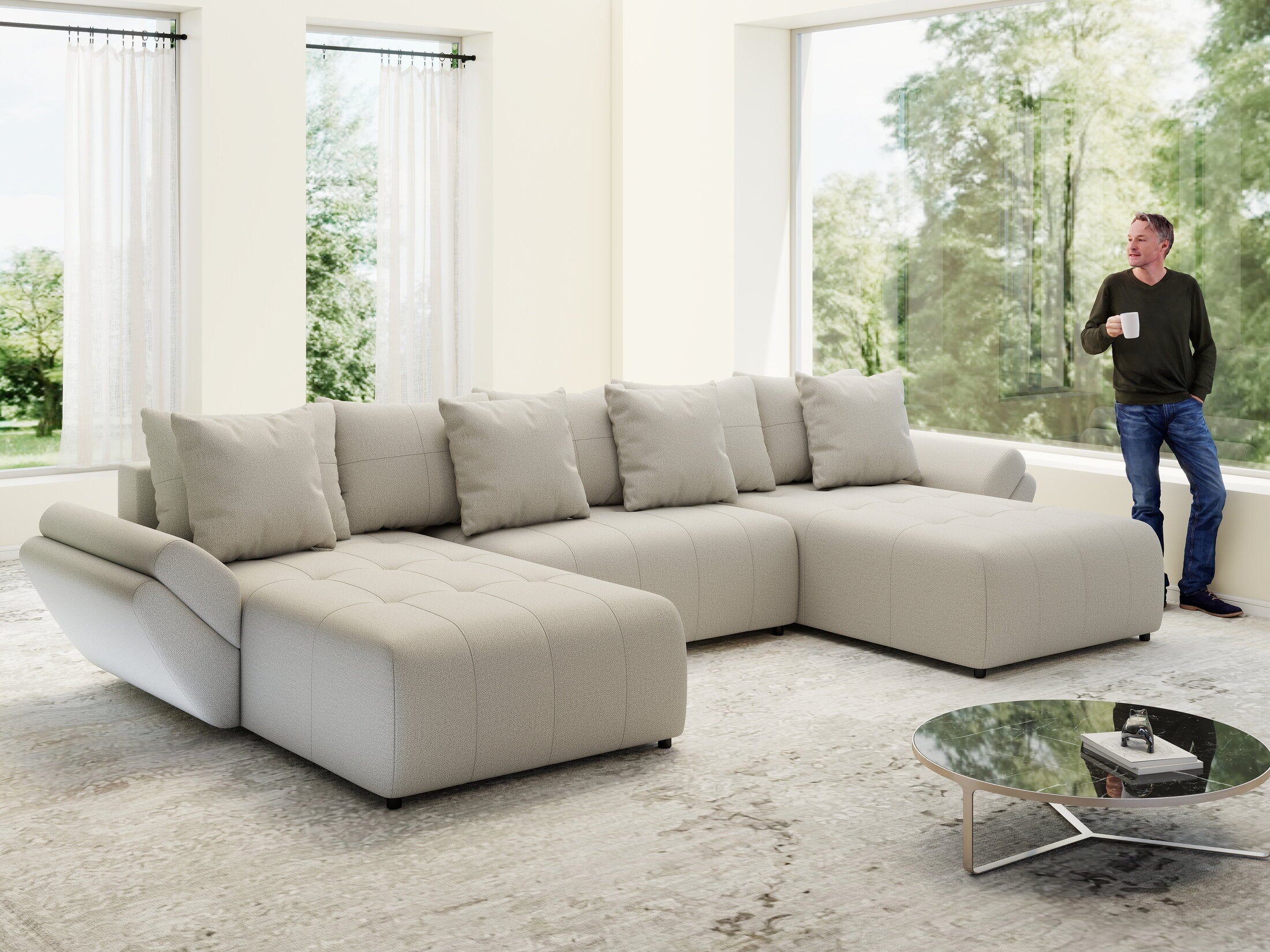 Colțar extensibil dumonde cu ladă de depozitare si sezut confortabil din spuma high-density, Berlin U Enjoy Bej 400x185 cm