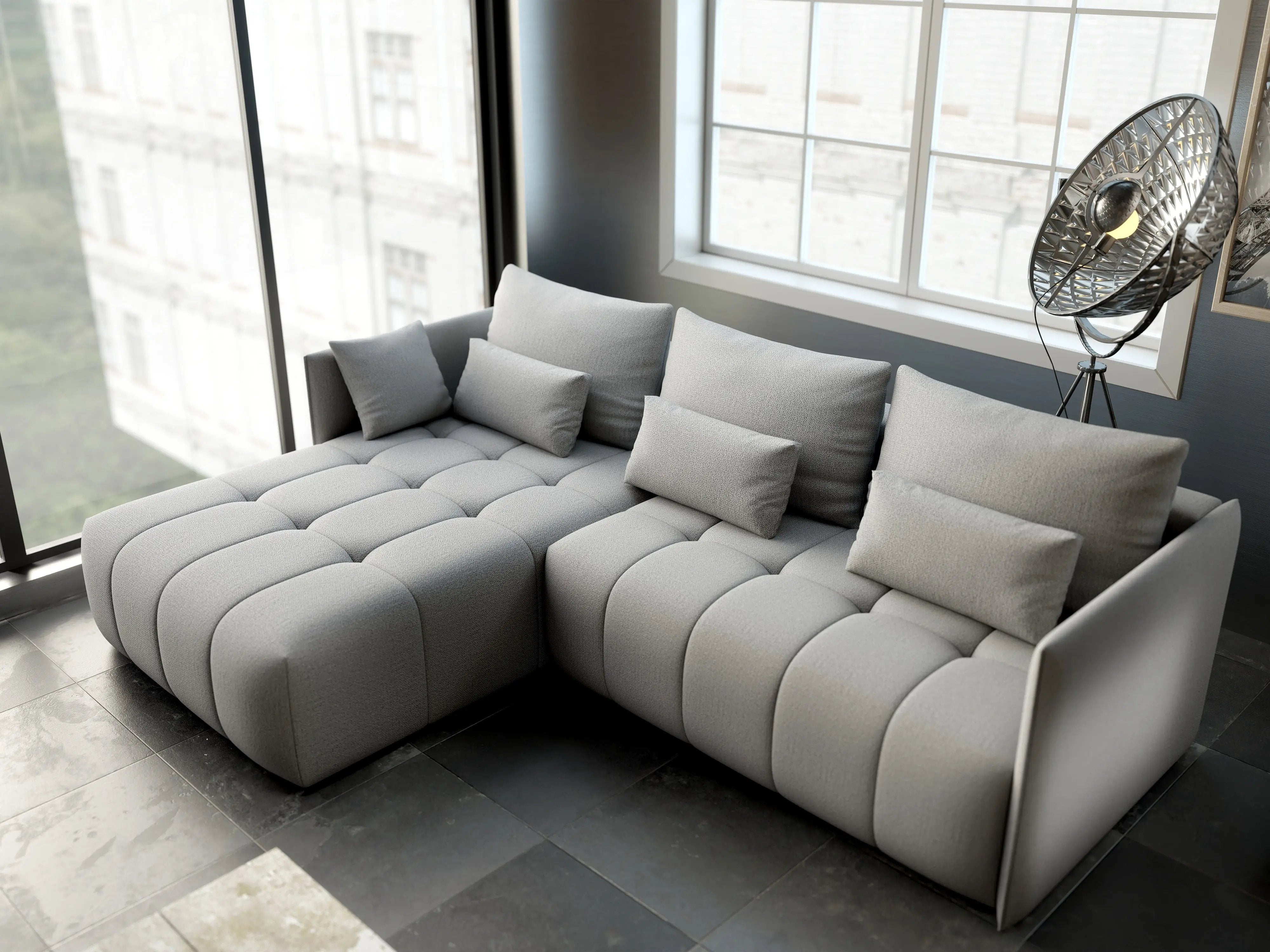 Colțar extensibil dumonde cu ladă de depozitare si sezut confortabil din spuma HR, Malta Enjoy Silver 235x185 cm Fabrica