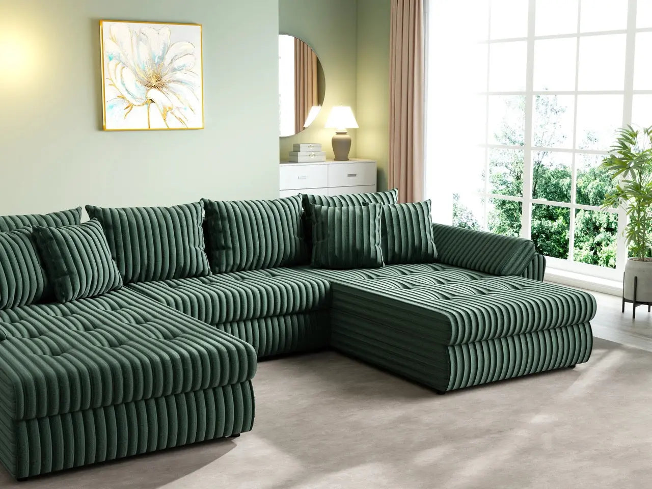 Colțar extensibil dumonde cu ladă de depozitare si sezut confortabil din spuma HR, Loana U Ambience Green 355x185 cm Fabrica