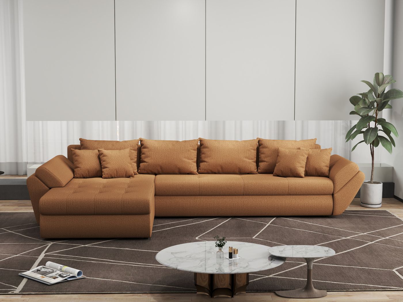Colțar extensibil dumonde cu ladă de depozitare si sezut confortabil din spuma HR, Loana XL Enjoy Mango 335x185 cm Fabrica