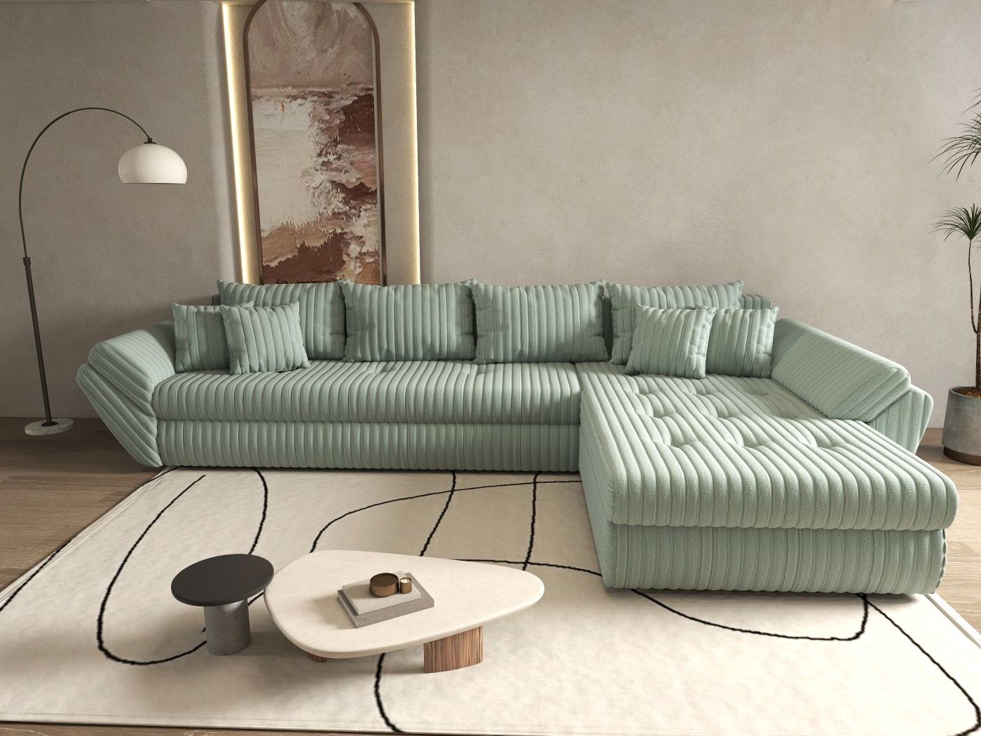Colțar extensibil dumonde cu ladă de depozitare si sezut confortabil din spuma HR, Loana XL Ambience Mint II 335x185 cm Fabrica