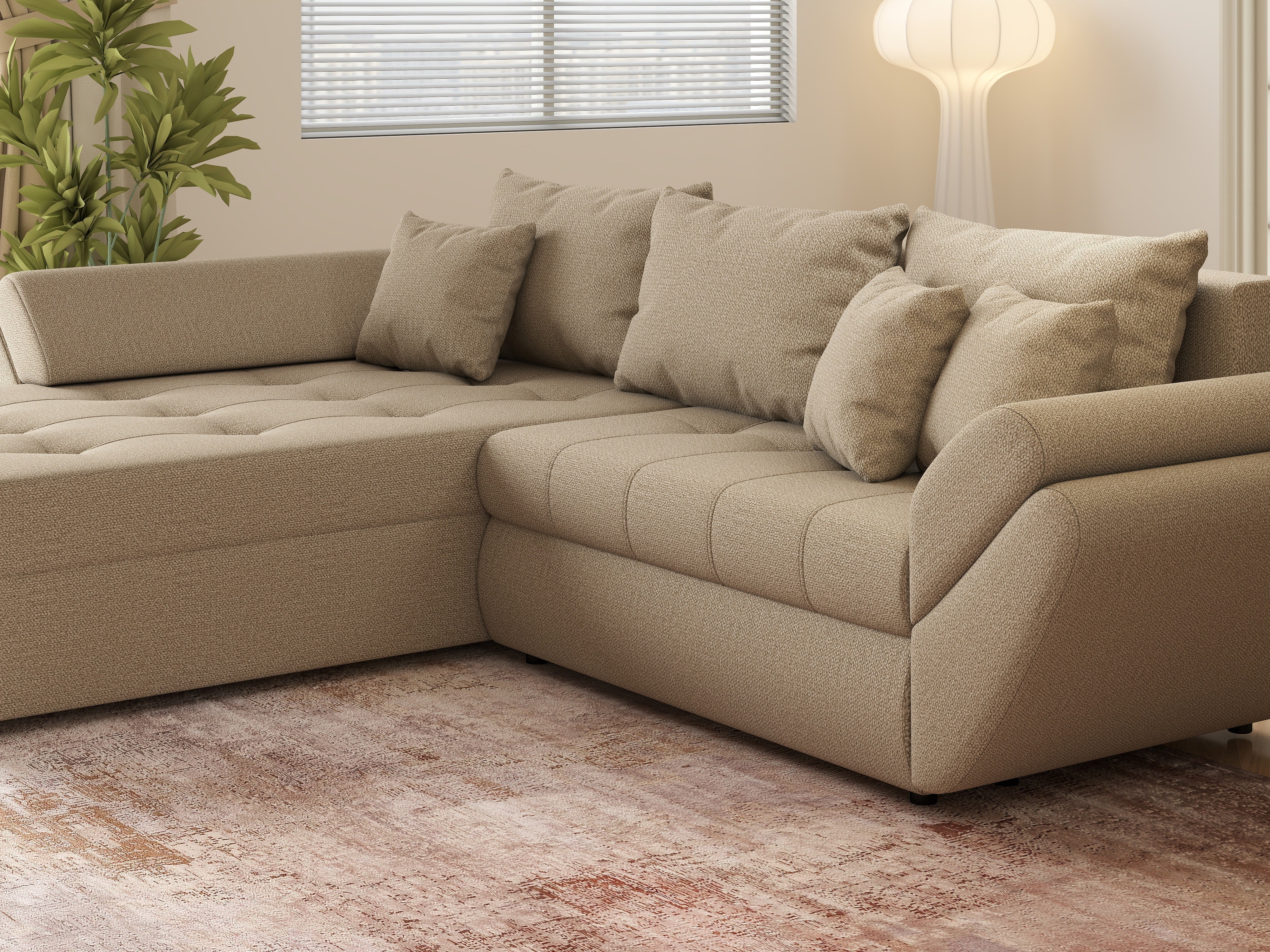 Colțar extensibil dumonde cu ladă de depozitare si sezut confortabil din spuma HR, Loana Enjoy Camel 270x185 cm Fabrica