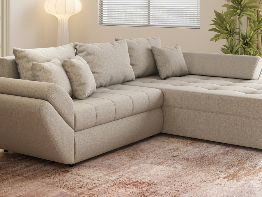 Colțar extensibil dumonde cu ladă de depozitare si sezut confortabil din spuma HR, Loana Enjoy Bej 270x185 cm Fabrica