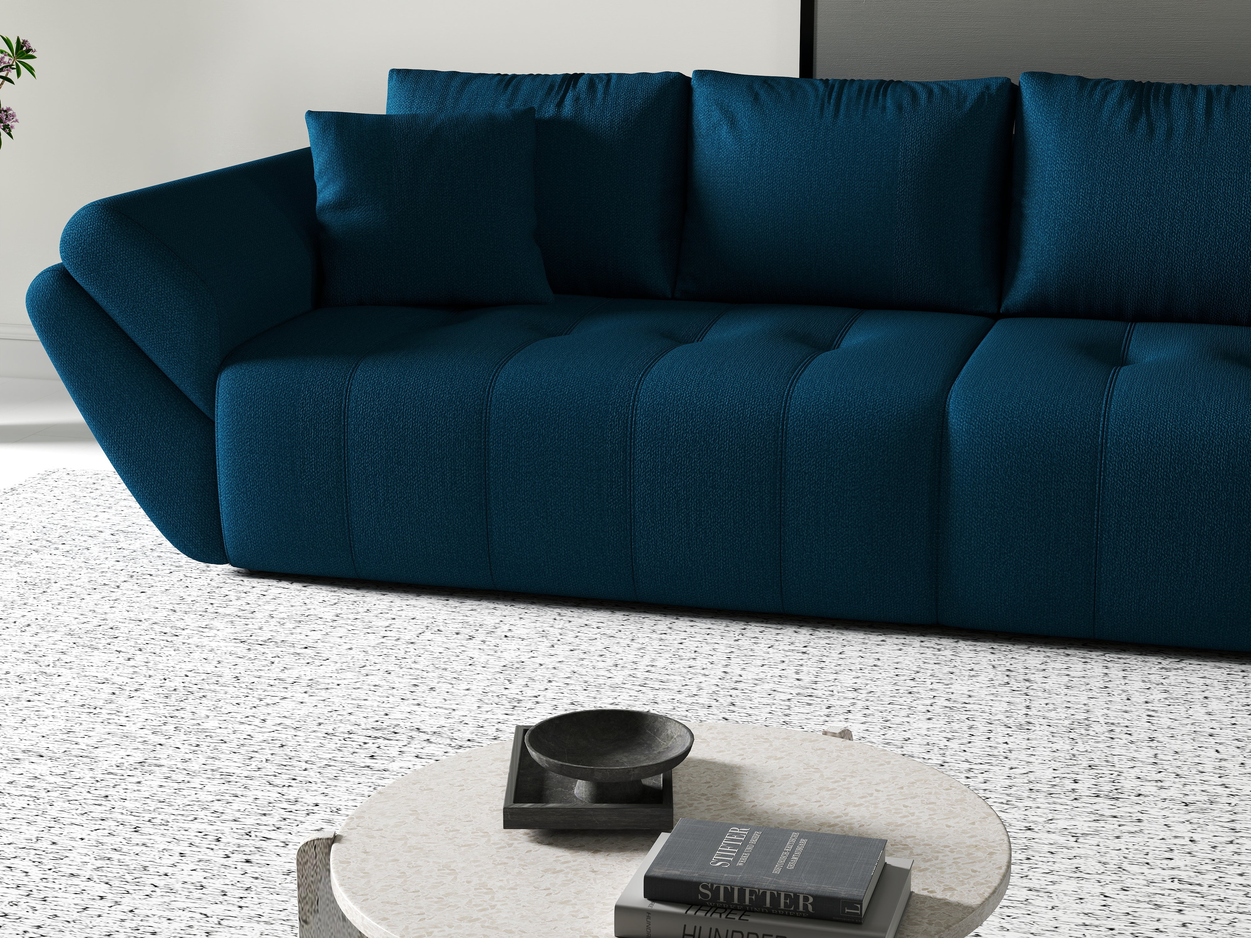 Canapea extensibilă dumonde cu ladă de depozitare si sezut confortabil din spuma HR, Berlin Enjoy Petrol 300x100 cm Fabrica
