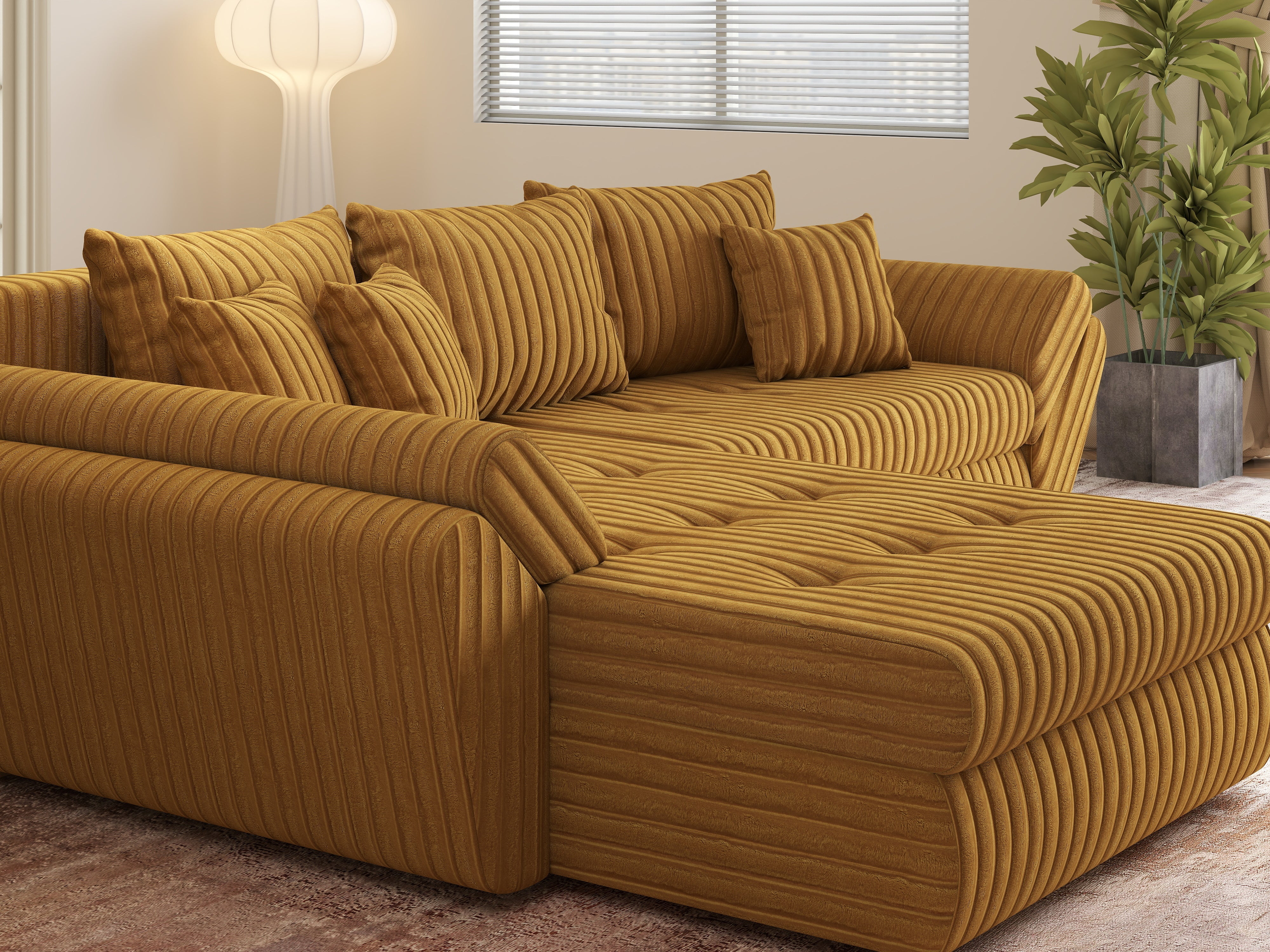 Colțar extensibil dumonde cu ladă de depozitare si sezut confortabil din spuma HR, Loana Ambience Mustar 270x185 cm Fabrica