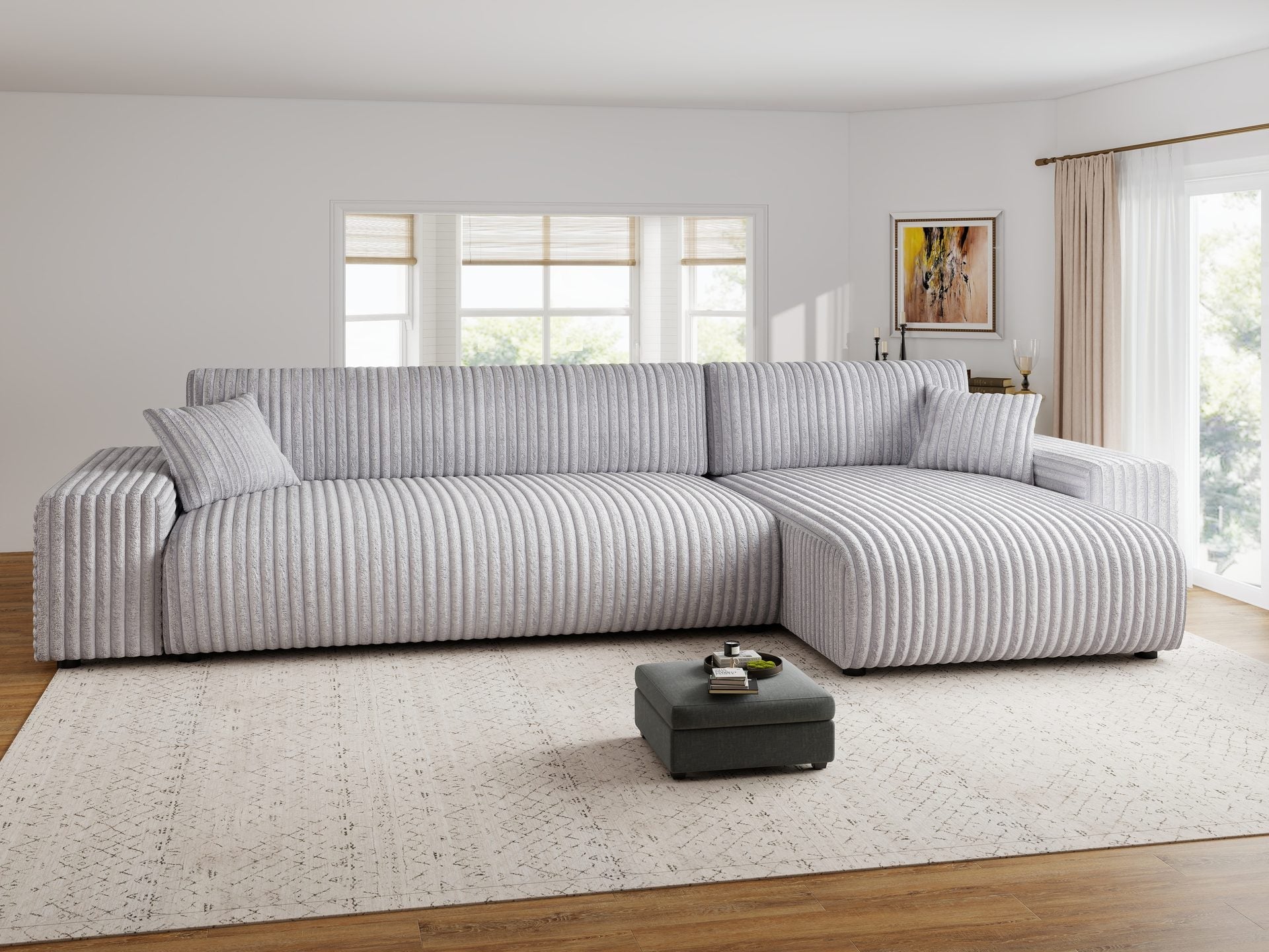 Dumonde kihúzható sarokkanapé tárolórekesszel és kényelmes, nagy sűrűségű habszivacs ülőfelülettel, Justin Tilia gri 294x144 cm