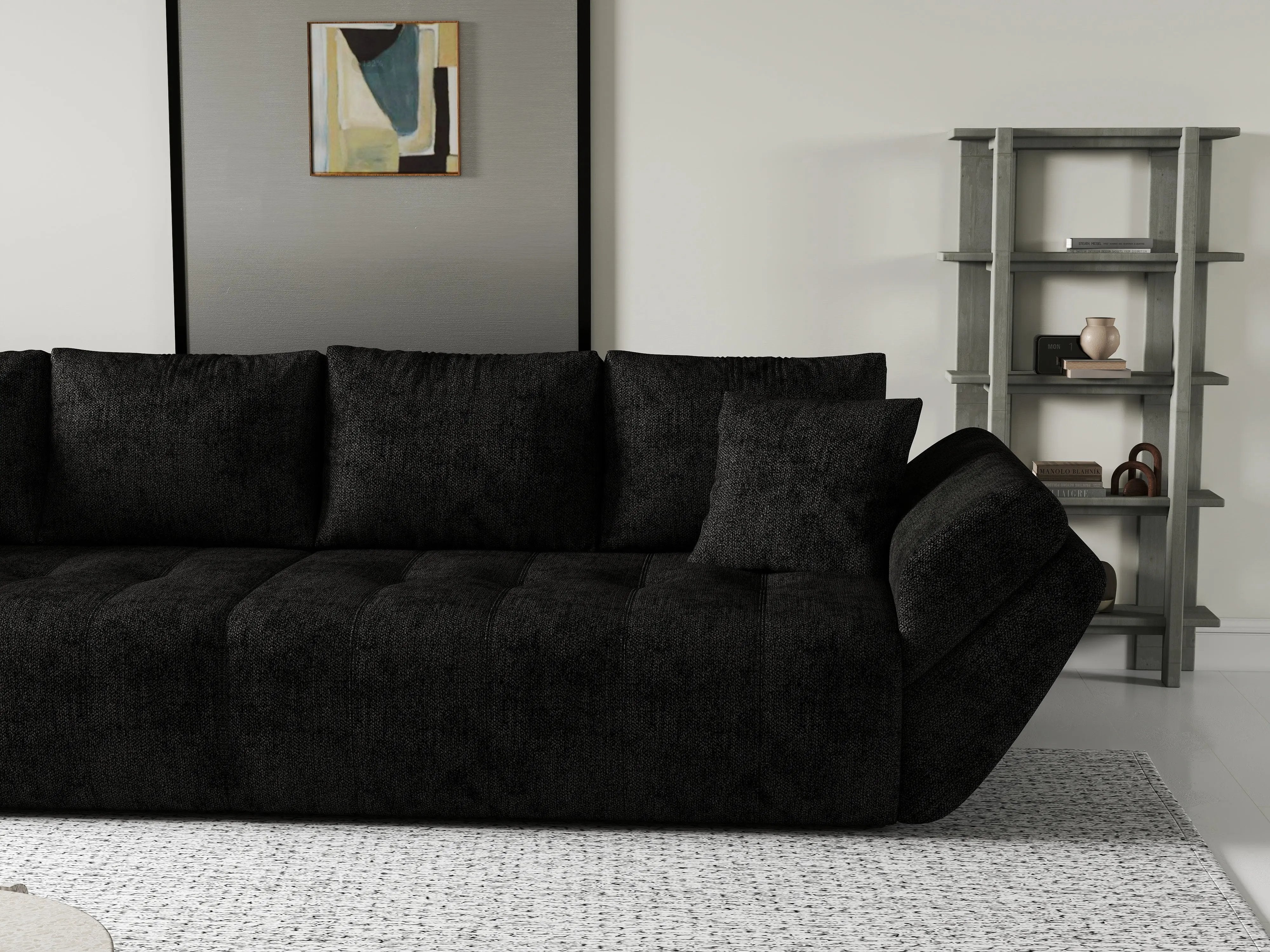 Canapea extensibilă dumonde cu ladă de depozitare si sezut confortabil din spuma HR, Berlin Enjoy Black 300x100 cm Fabrica
