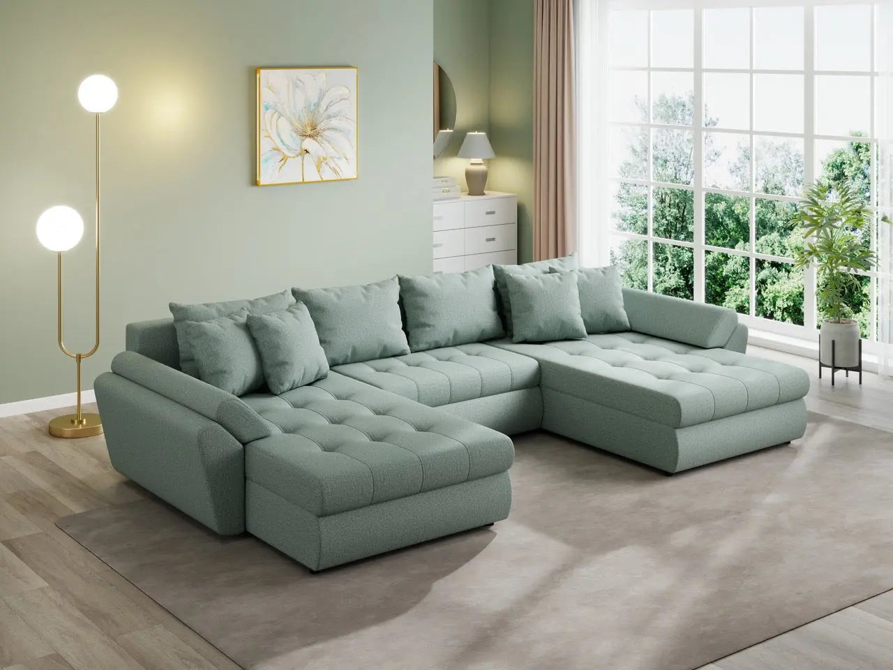 Colțar extensibil dumonde cu ladă de depozitare si sezut confortabil din spuma HR, Loana U Enjoy Mint 355x185 cm Fabrica
