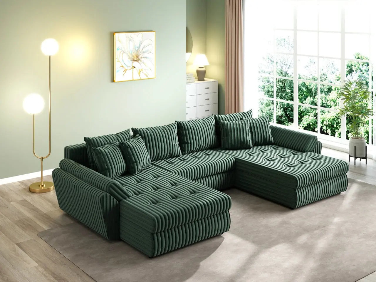 Colțar extensibil dumonde cu ladă de depozitare si sezut confortabil din spuma HR, Loana U Ambience Green 355x185 cm Fabrica