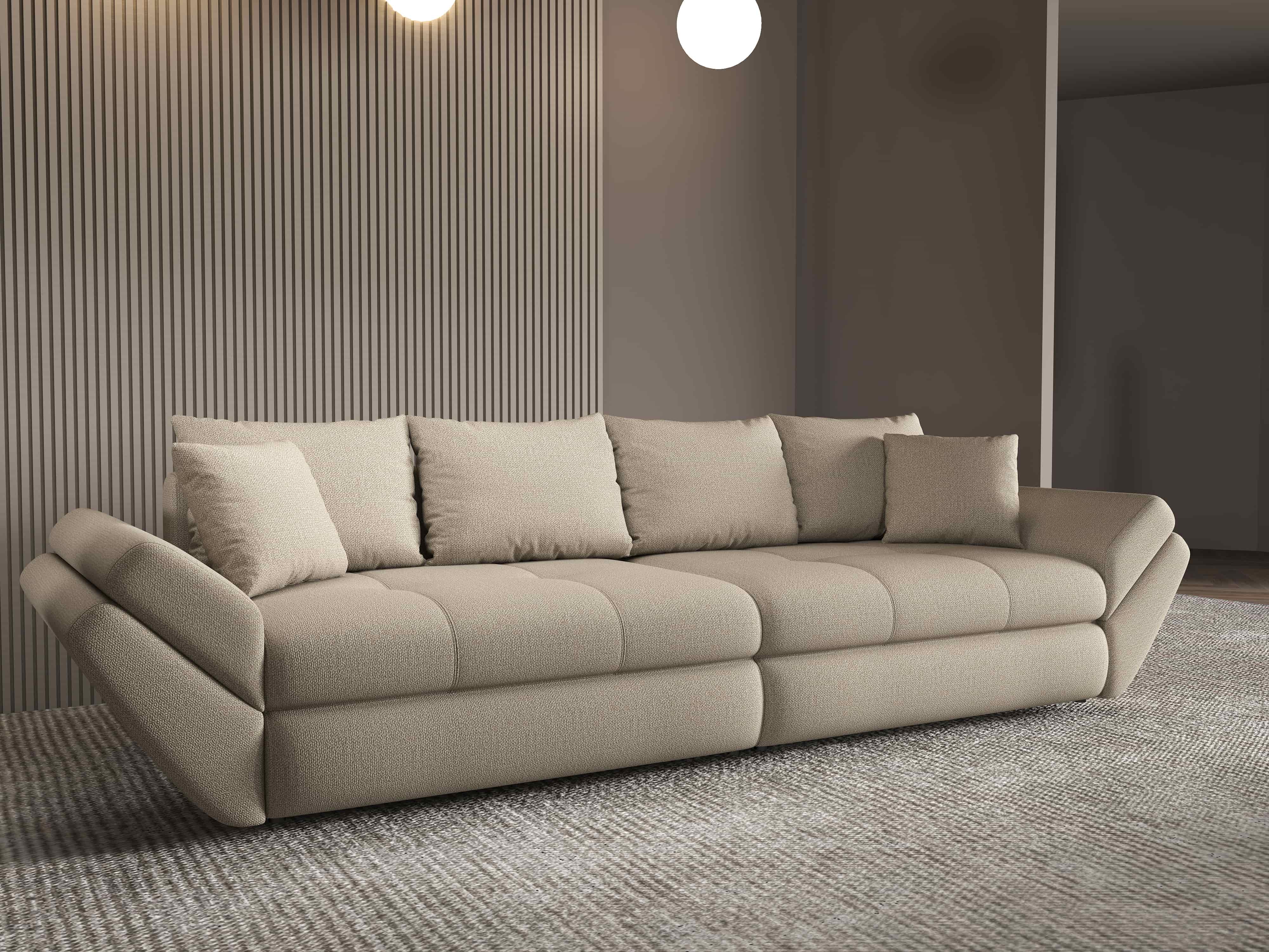 Canapea extensibilă dumonde cu ladă de depozitare si sezut confortabil din spuma HR, Loana Enjoy Camel 300x100 cm Fabrica