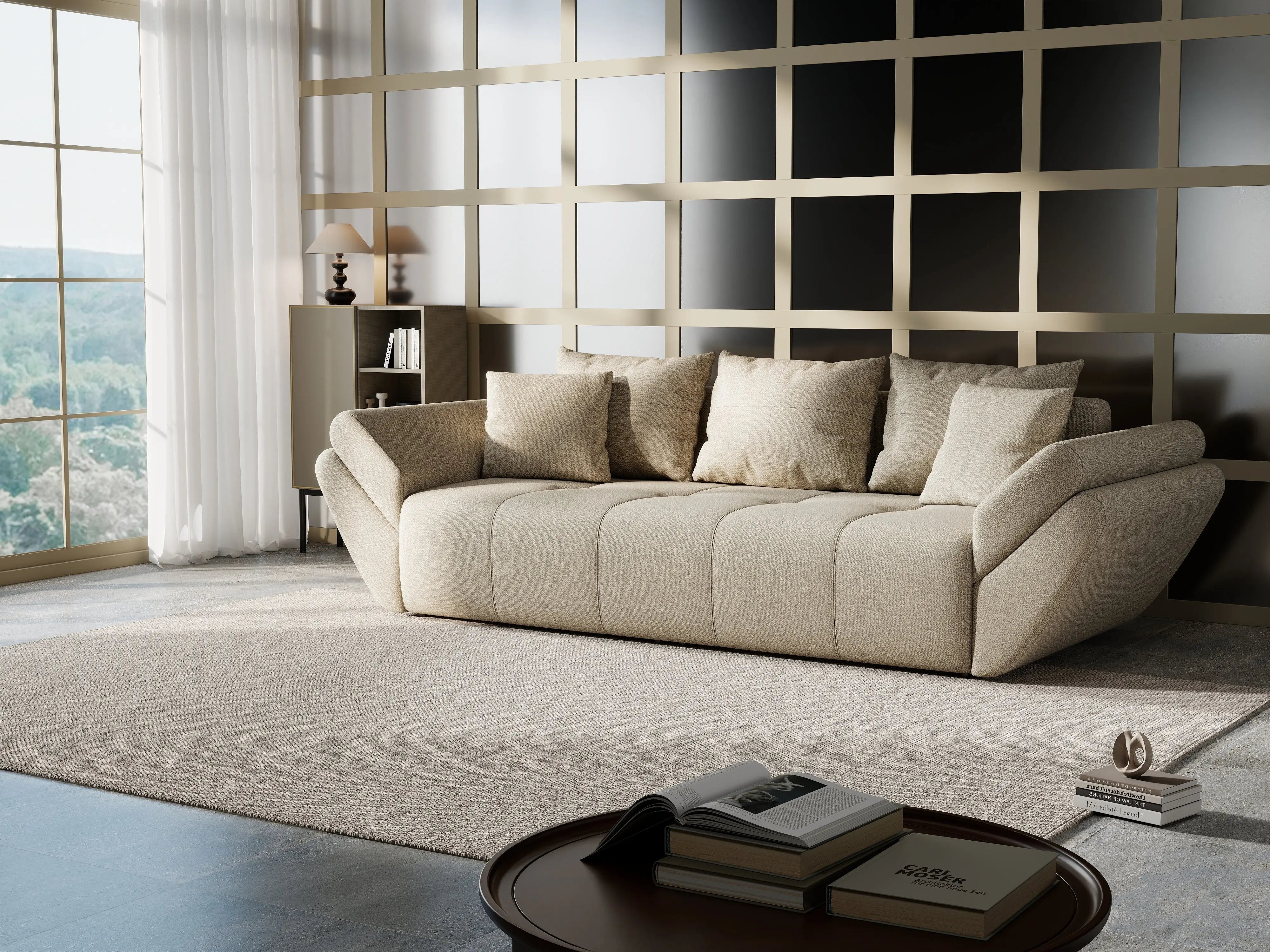 Canapea extensibilă dumonde cu ladă de depozitare si sezut confortabil din spuma HR, Berlin Enjoy Camel 250x100 cm Fabrica