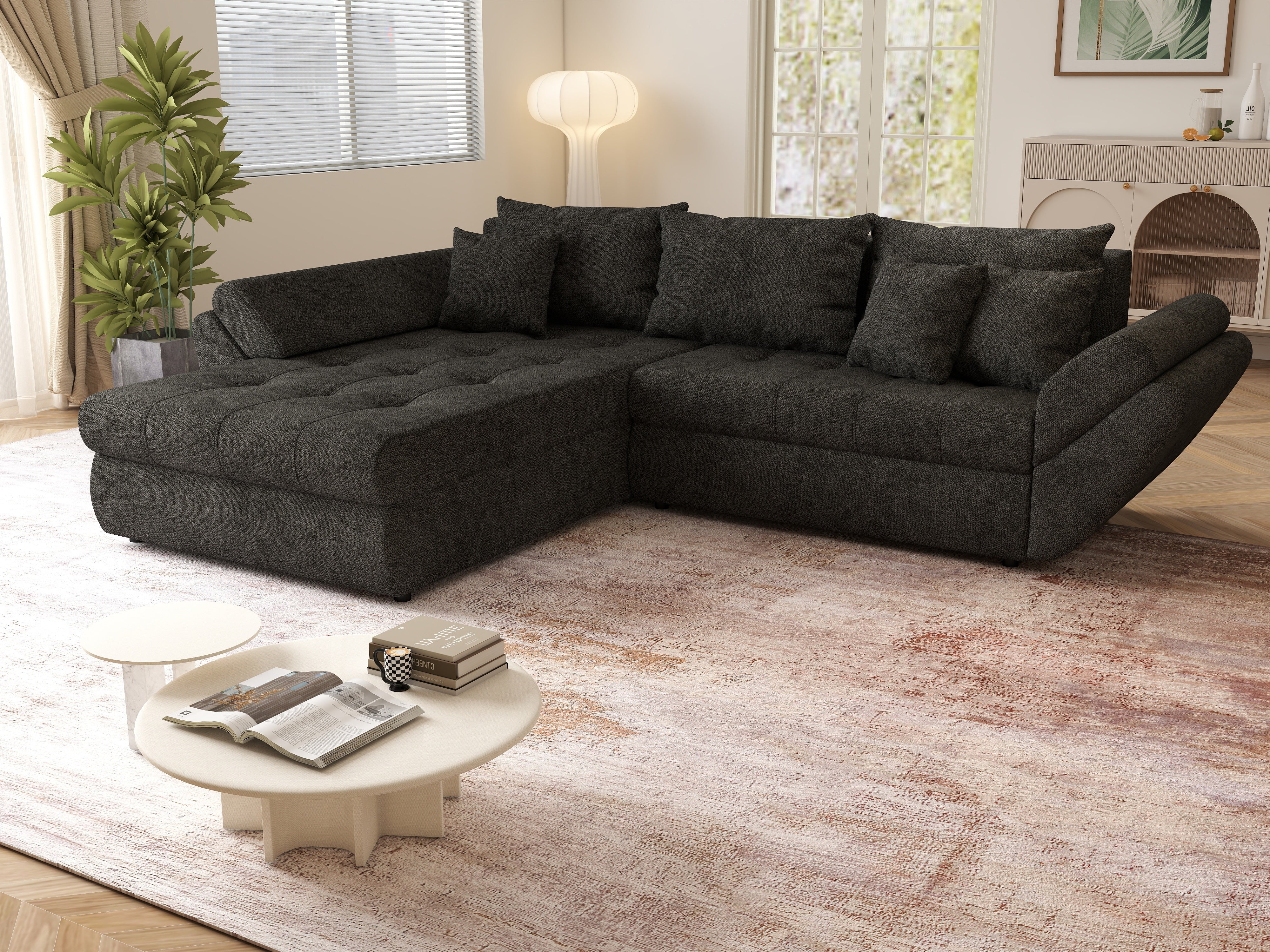 Colțar extensibil dumonde cu ladă de depozitare si sezut confortabil din spuma HR, Loana Enjoy Black II 270x185 cm Fabrica