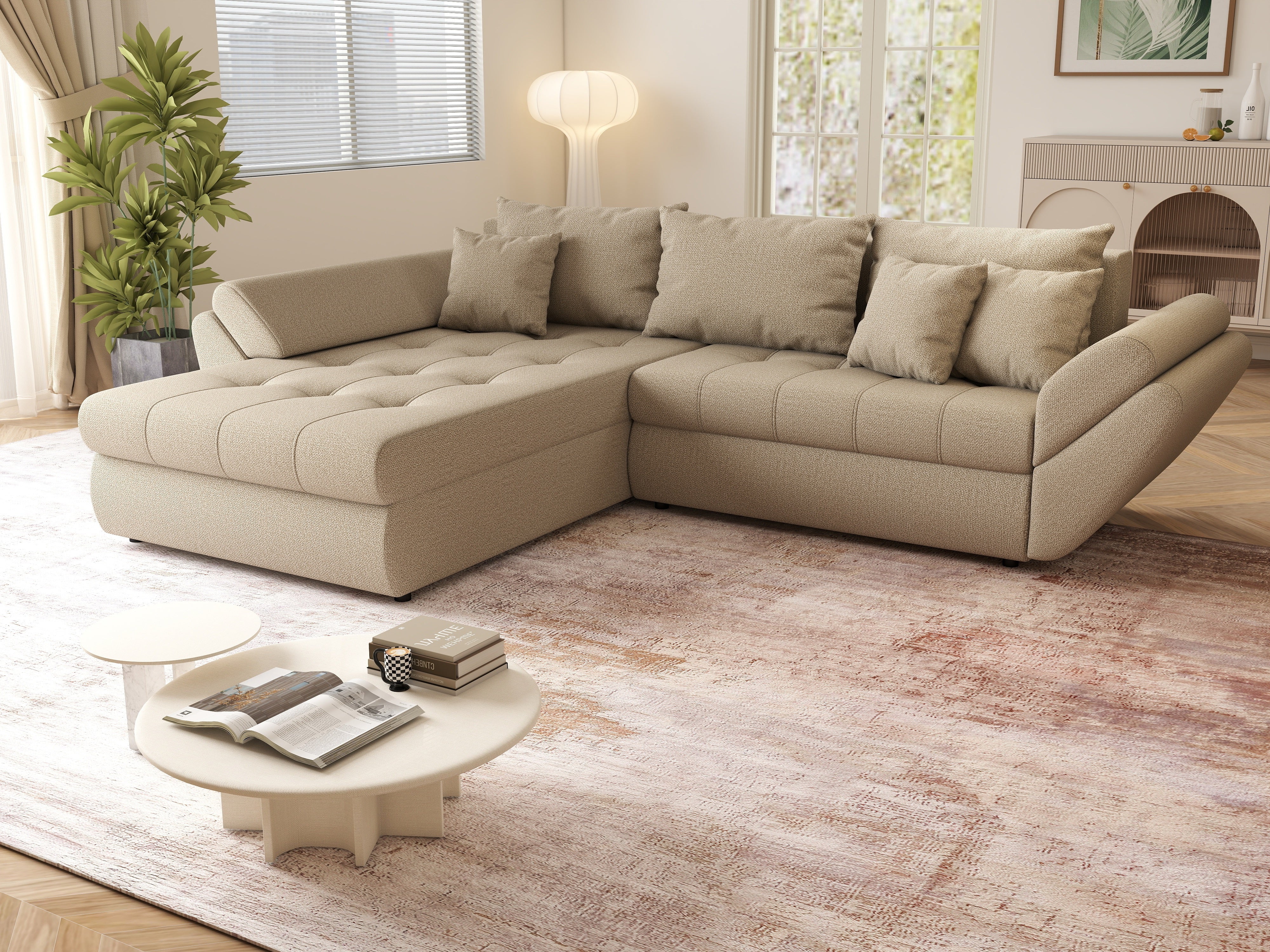 Colțar extensibil dumonde cu ladă de depozitare si sezut confortabil din spuma HR, Loana Enjoy Camel 270x185 cm Fabrica
