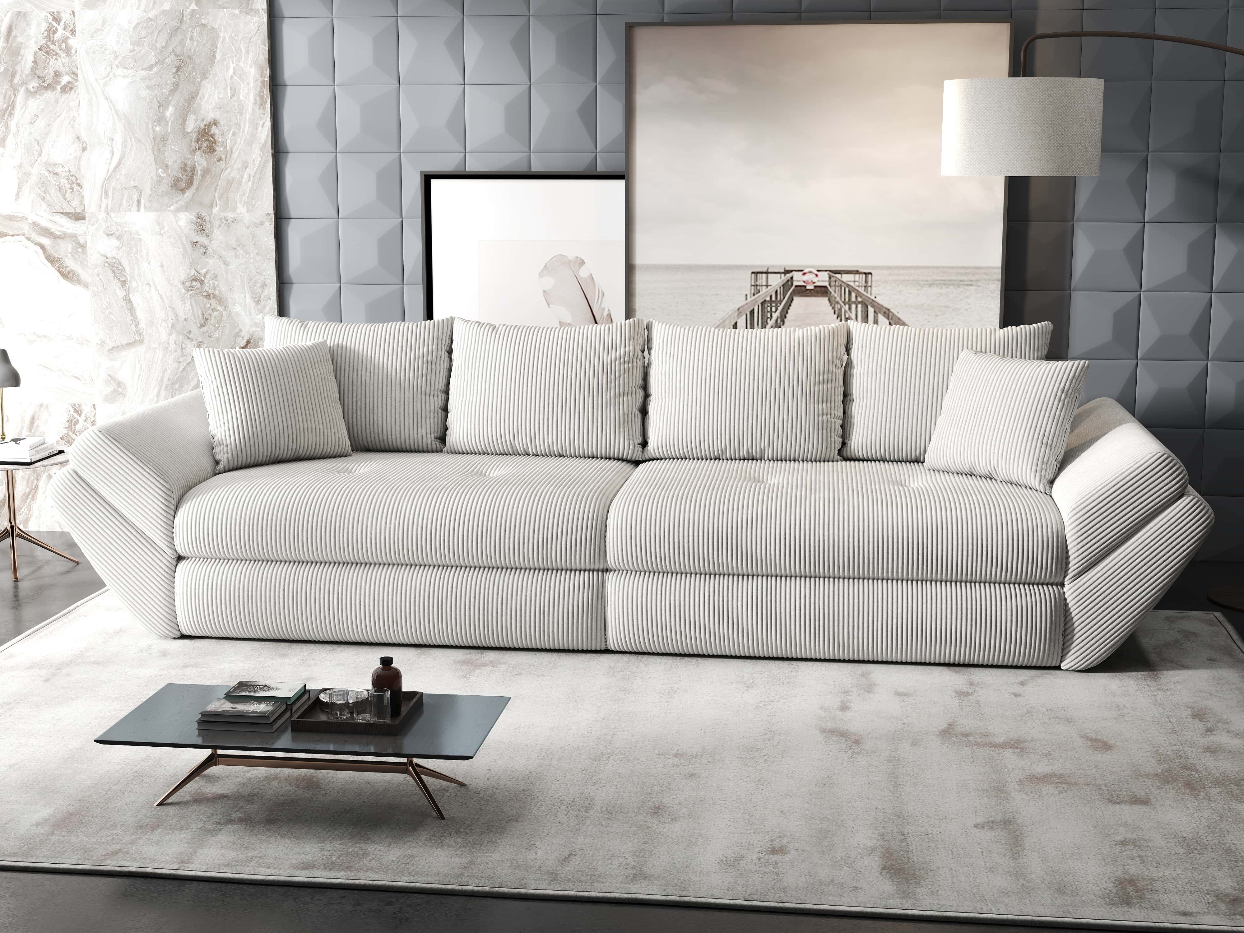 Canapea extensibilă dumonde cu ladă de depozitare si sezut confortabil din spuma HR, Loana Zoom Cream 300x100 cm Fabrica