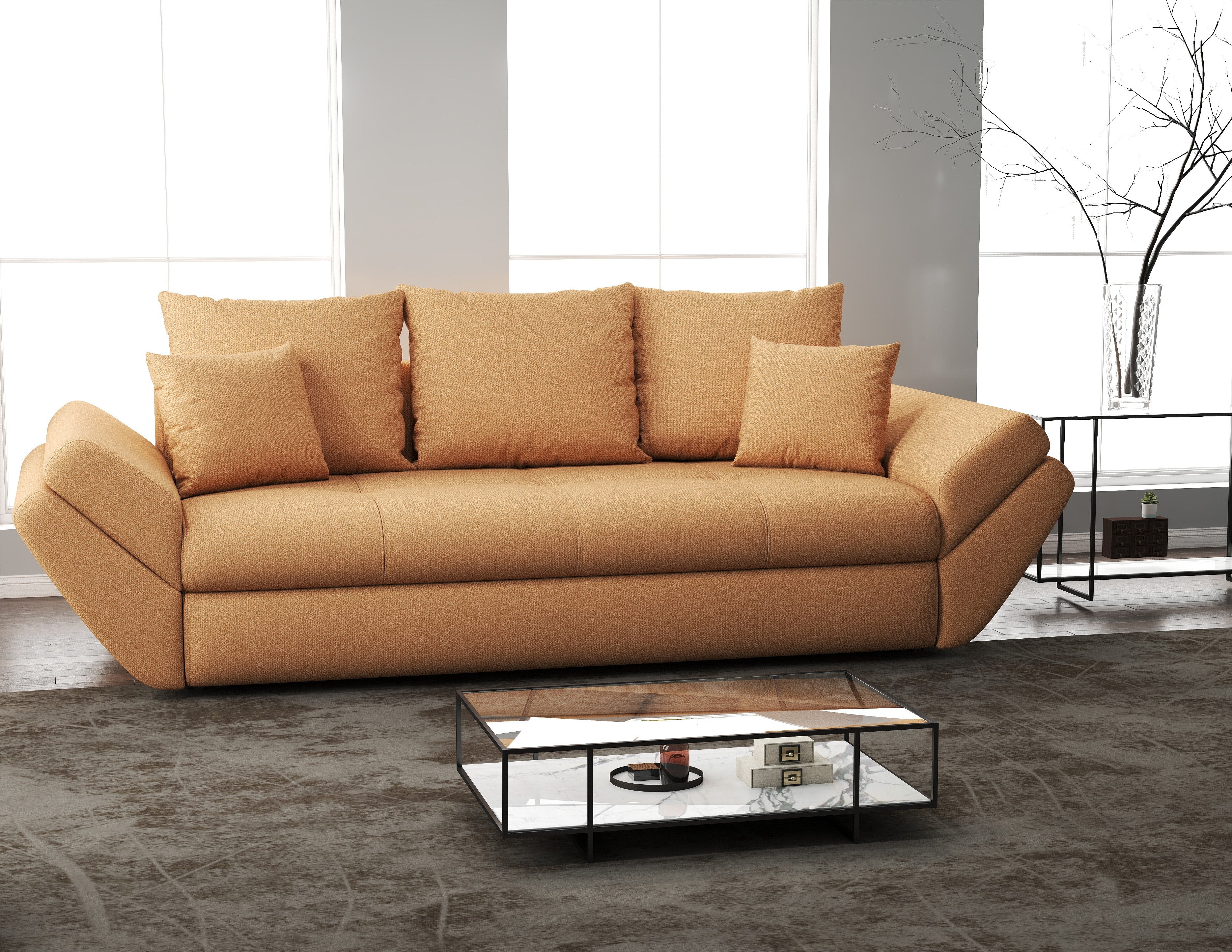 Canapea extensibilă dumonde cu ladă de depozitare si sezut confortabil din spuma HR, Loana Enjoy Mango 250x100 cm Fabrica