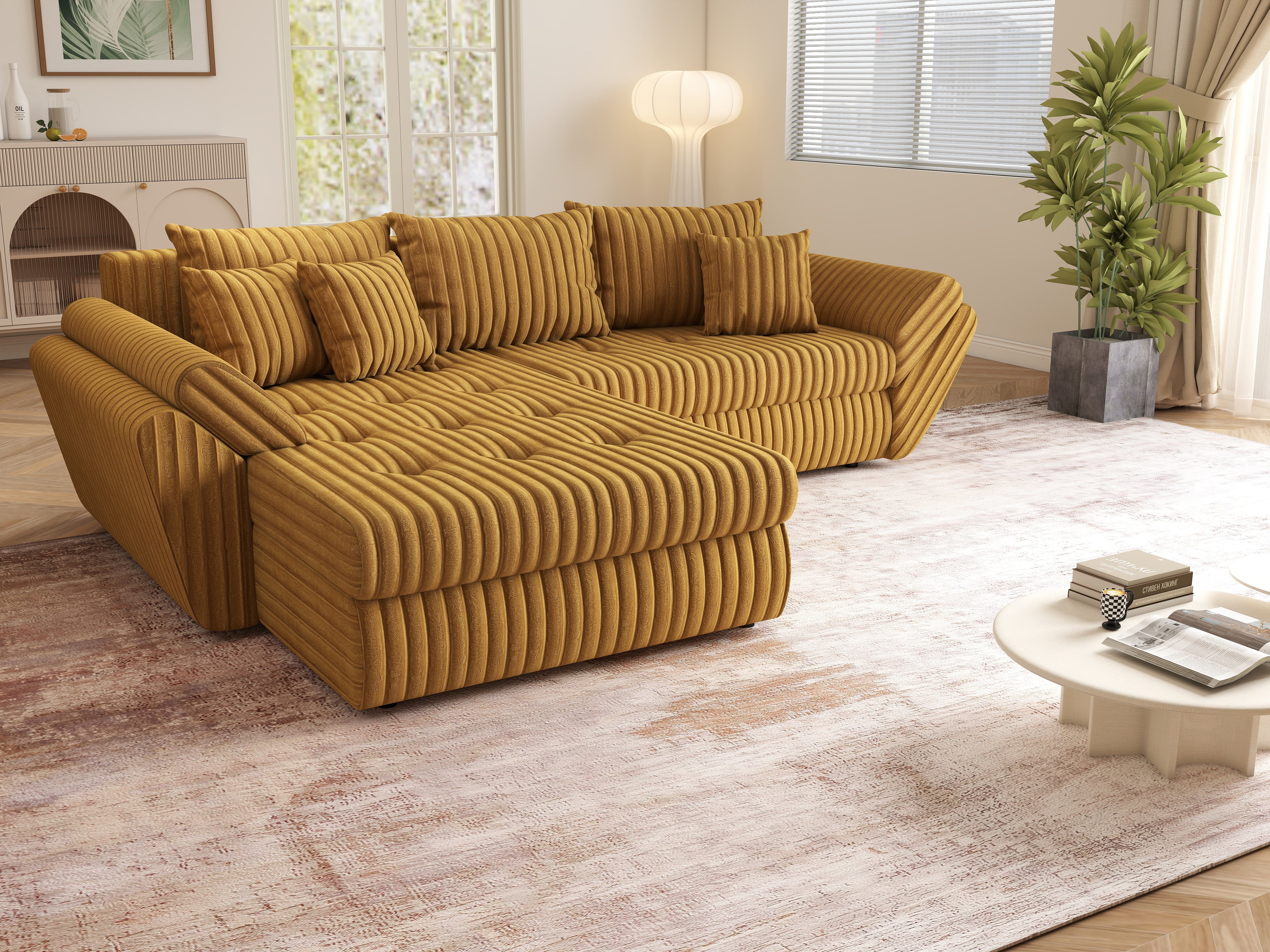 Colțar extensibil dumonde cu ladă de depozitare si sezut confortabil din spuma HR, Loana Ambience Mustar 270x185 cm Fabrica