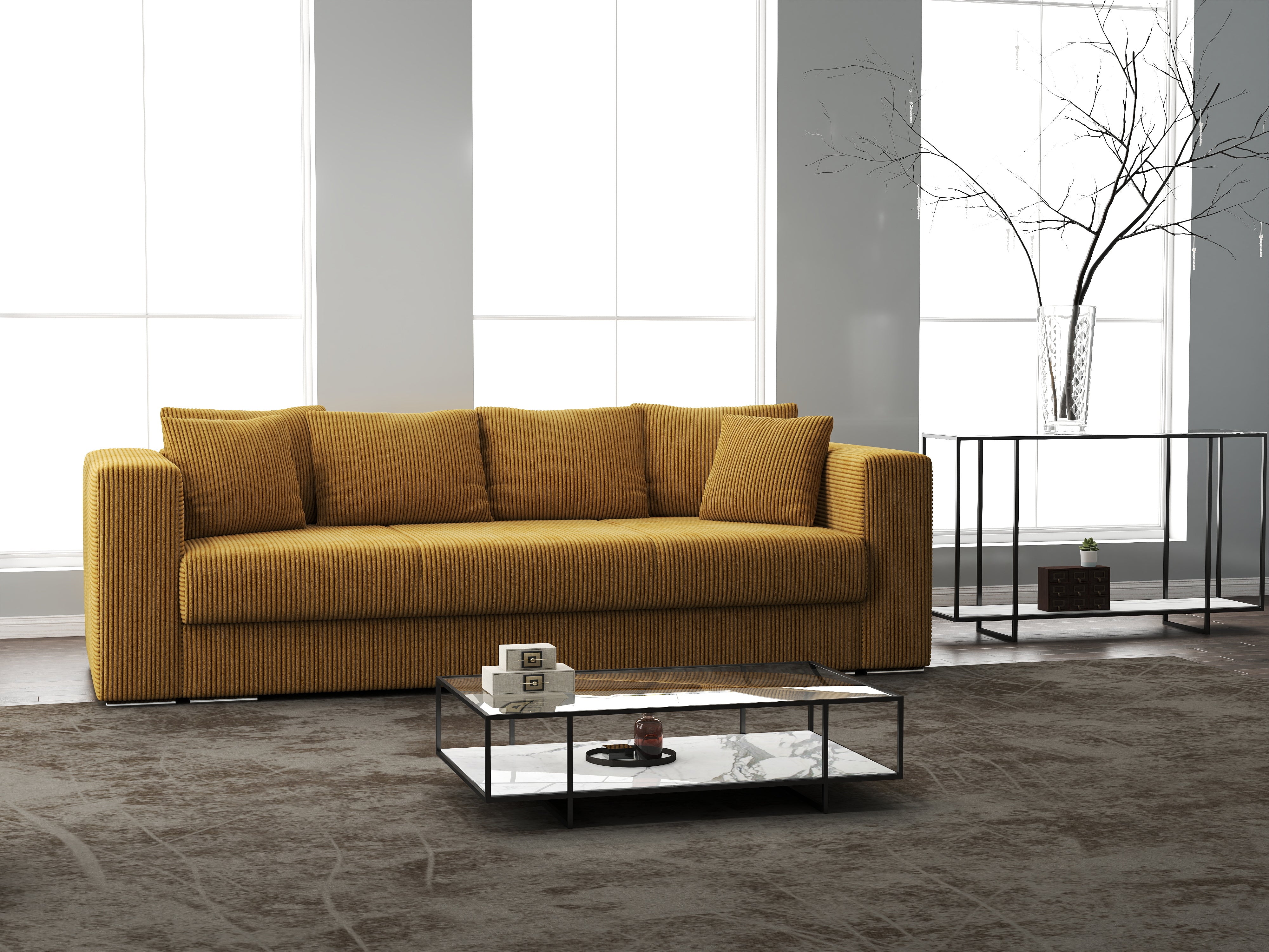 Canapea extensibilă dumonde cu ladă de depozitare si sezut confortabil din spuma HR, Gloria Zoom Mustar 240x100 cm Fabrica
