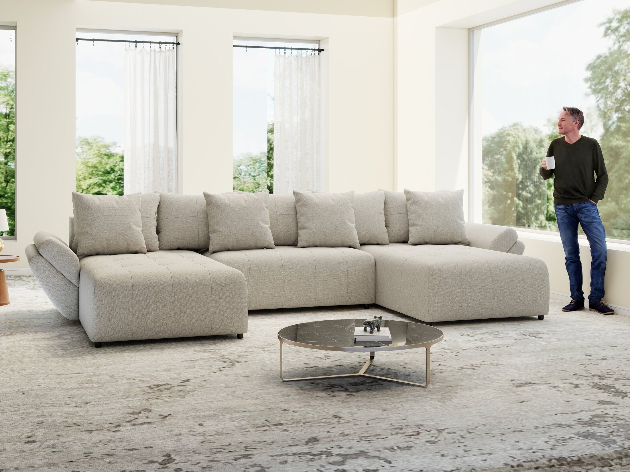 Colțar extensibil dumonde cu ladă de depozitare si sezut confortabil din spuma high-density, Berlin U Enjoy Bej 400x185 cm