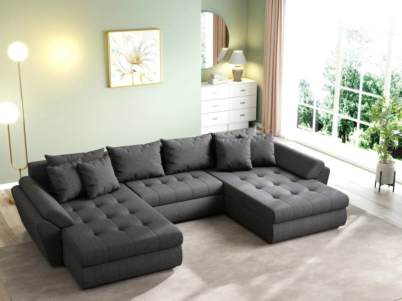 Colțar extensibil dumonde cu ladă de depozitare si sezut confortabil din spuma HR, Loana U Enjoy Grafit 355x185 cm Fabrica