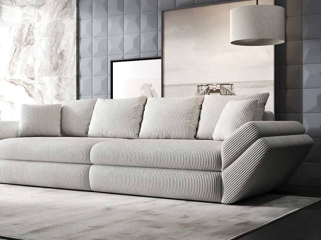Canapea extensibilă dumonde cu ladă de depozitare si sezut confortabil din spuma HR, Loana Zoom Cream 300x100 cm Fabrica