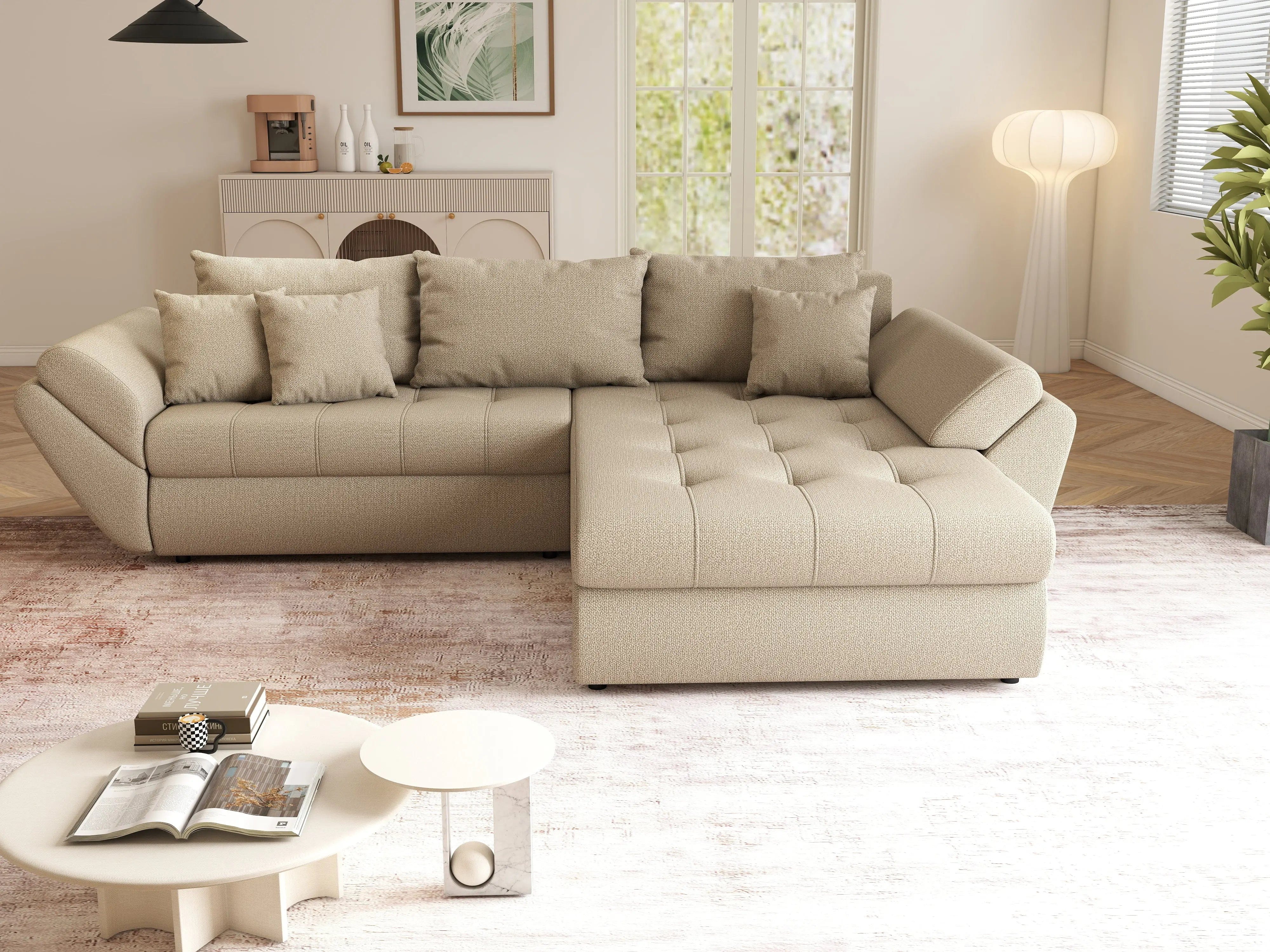 Colțar extensibil dumonde cu ladă de depozitare si sezut confortabil din spuma HR, Loana Camel II 270x185 cm Fabrica