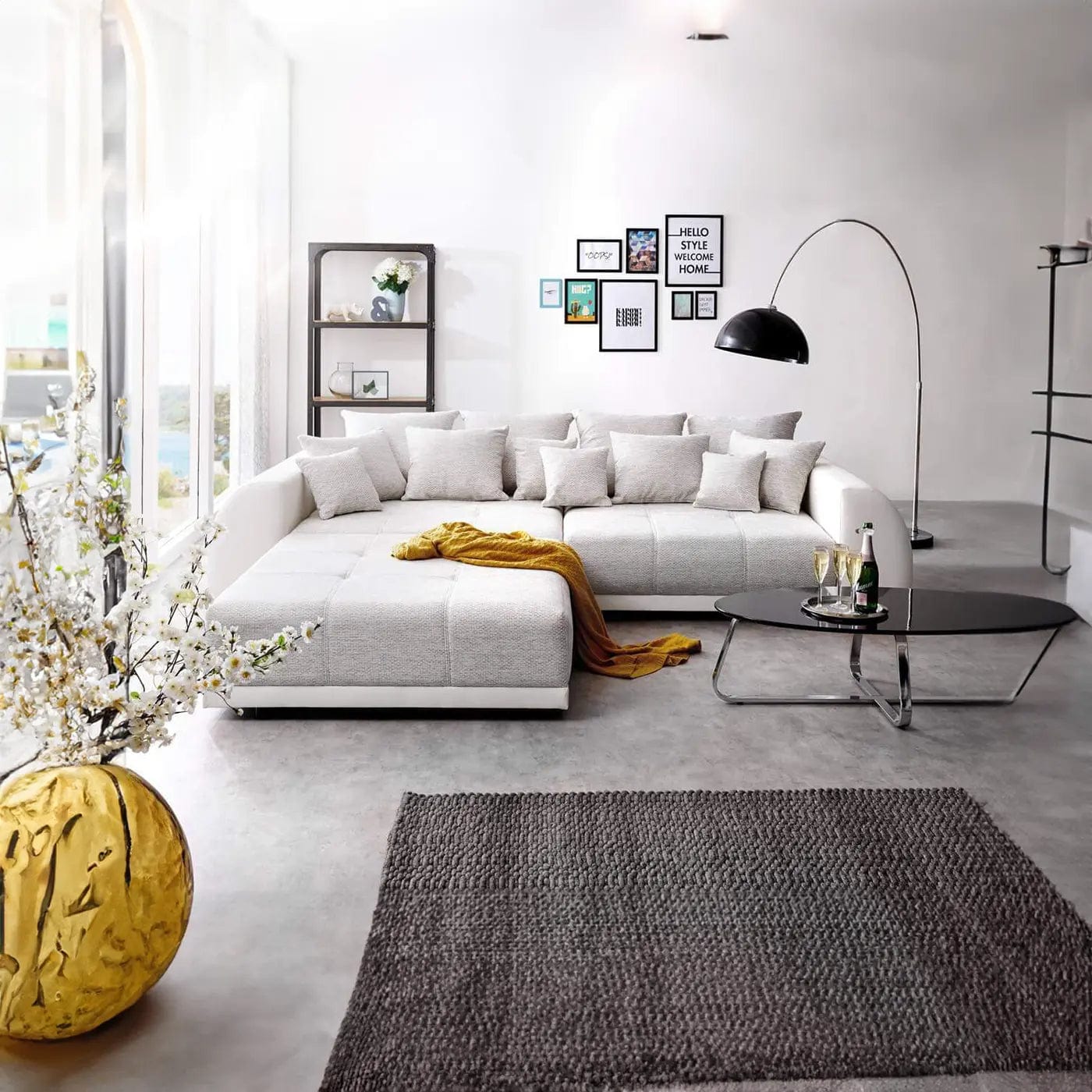 Canapea extensibilă dumonde cu 2 lăzi de depozitare si sezut confortabil din spuma high-density, Verona Loft White 310x120 cm cu taburet inclus